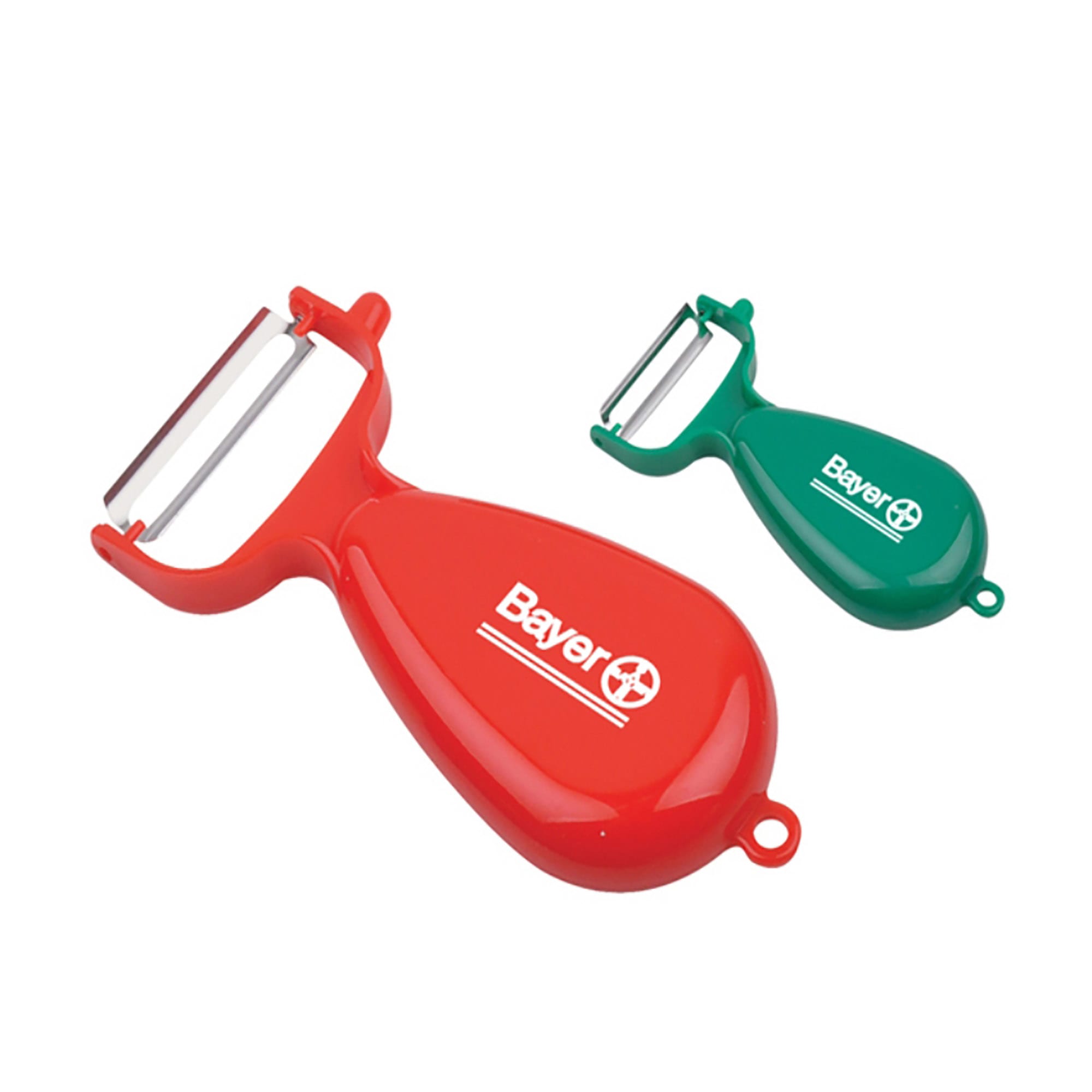 A red and green peeler set featuring two different sizes, each with a logo. Peeler - Image 1