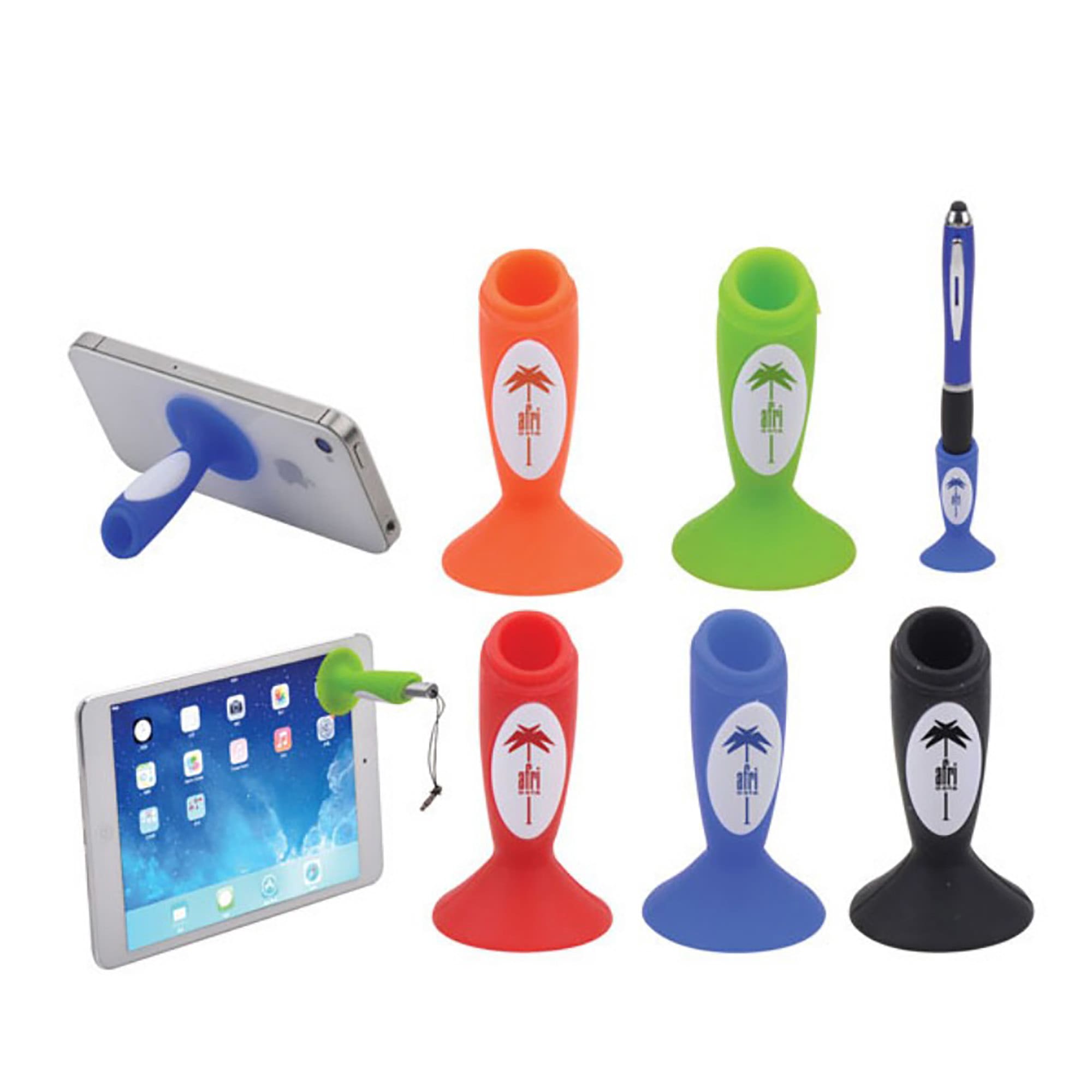 A variety of mobile stands and pen holders in orange, green, blue, black, and featuring a logo. Mobile Stand And Pen Holder - Image 1