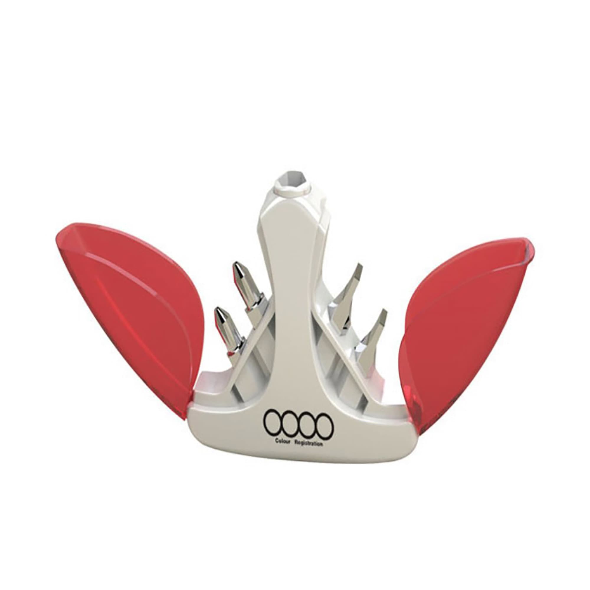 A tool set in white and red, featuring various tools securely held in a stand with a logo. Tool Set - Image 1