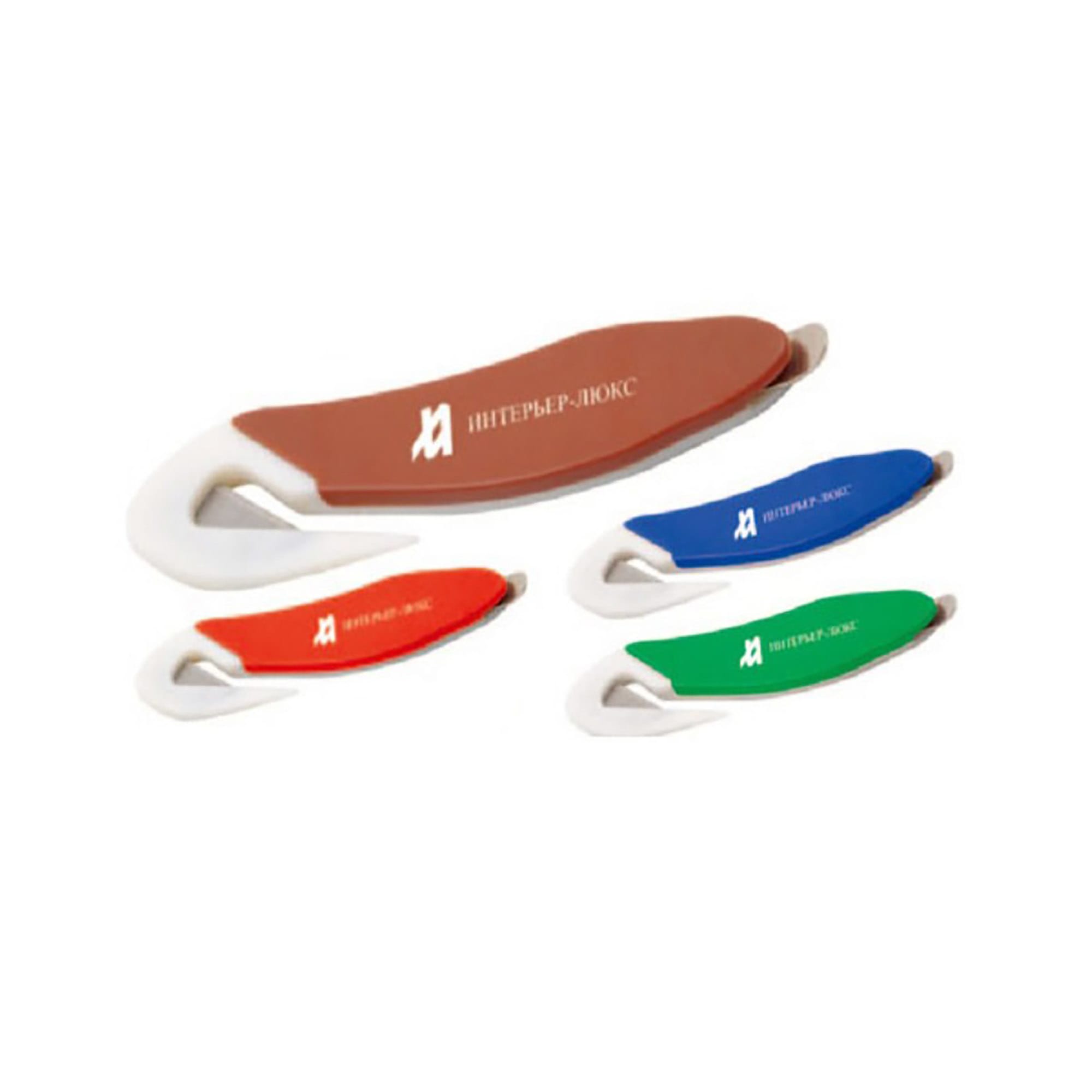 A staple remover and letter opener set in brown, blue, and green with a white handle. Features branding. Staple Remover and Letter Opener - Image 1