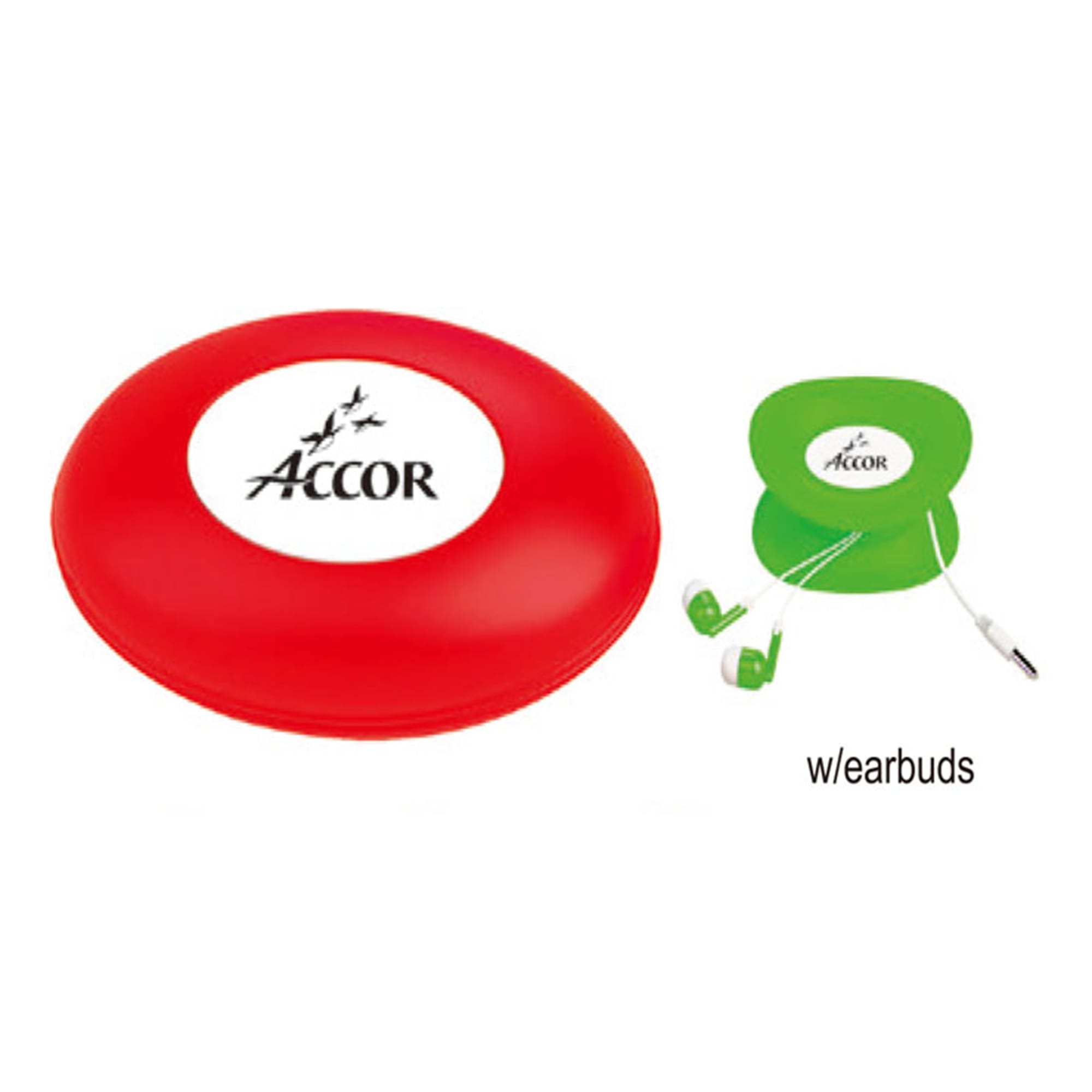 A red frisbee alongside a green case containing white earbuds. The items feature a logo. Earbuds In Case - Image 1