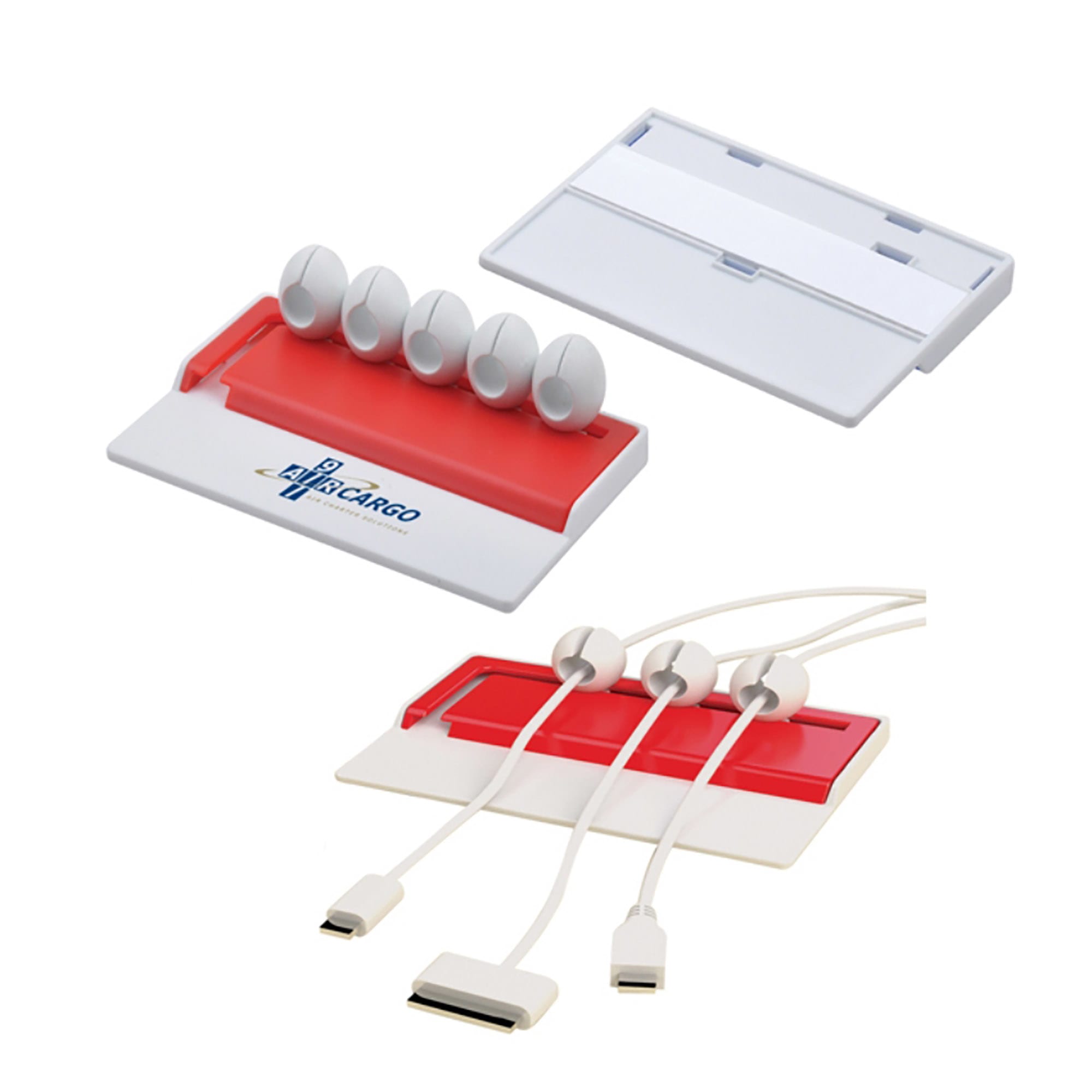 A cable organiser in red and white featuring slots for holding cables and a logo on the surface. Cable Organiser - Image 1