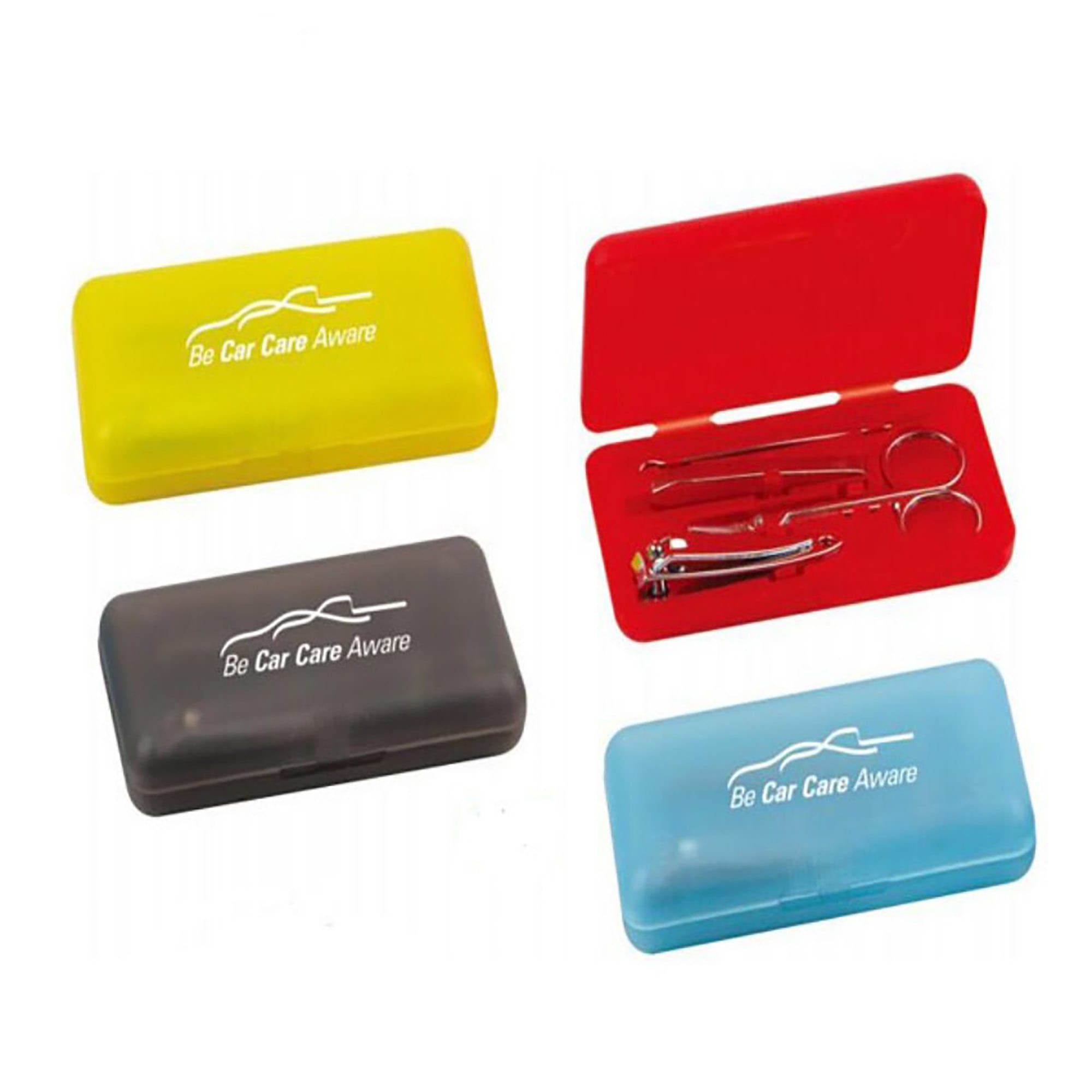 A manicure set featuring tools in a yellow, black, red, and blue case, each with a logo. Manicure Set - Image 1