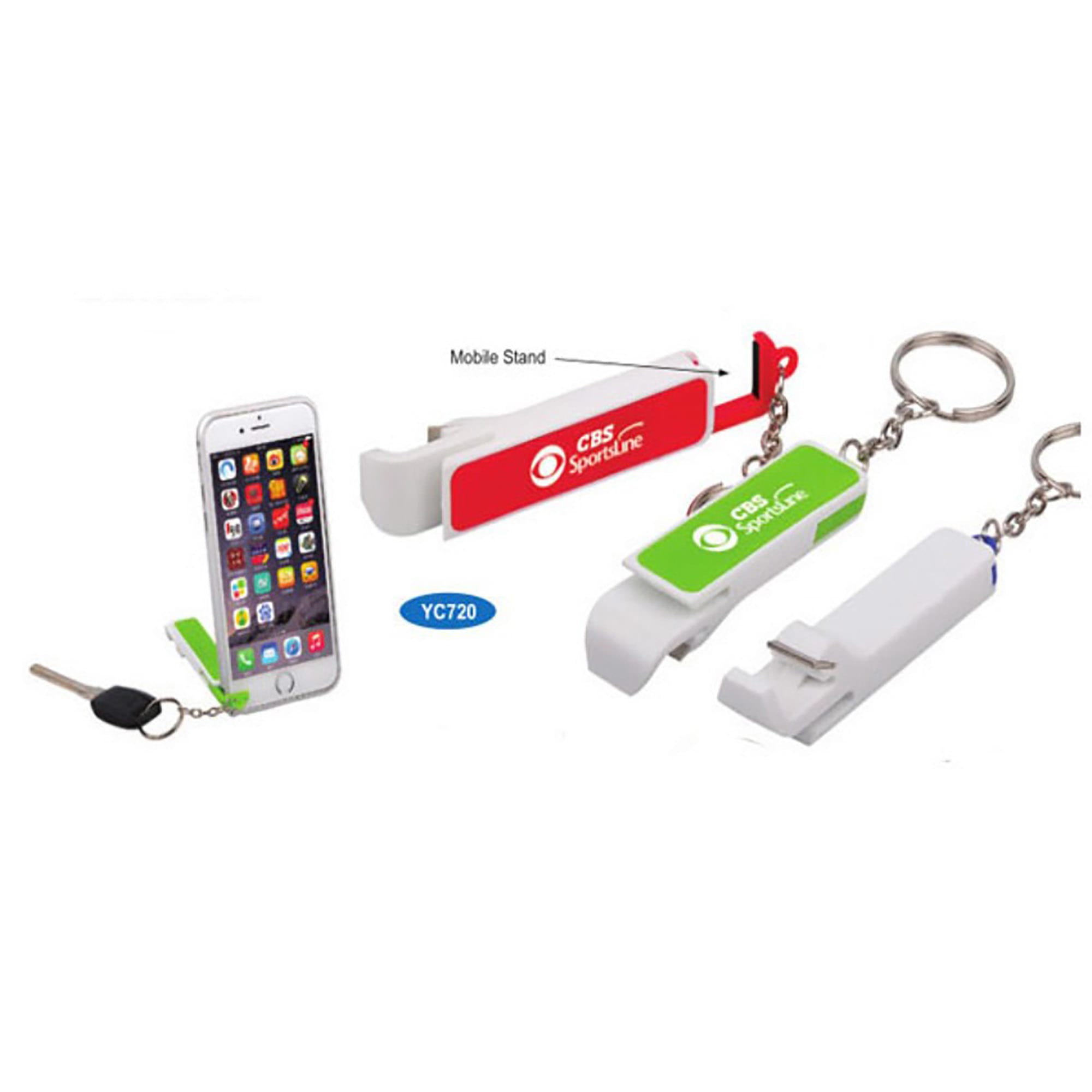 A drink bottle opener keychain in green and white, featuring a mobile phone stand function. Includes a branding logo. Mobile Stand With Bottle Opener - Image 1