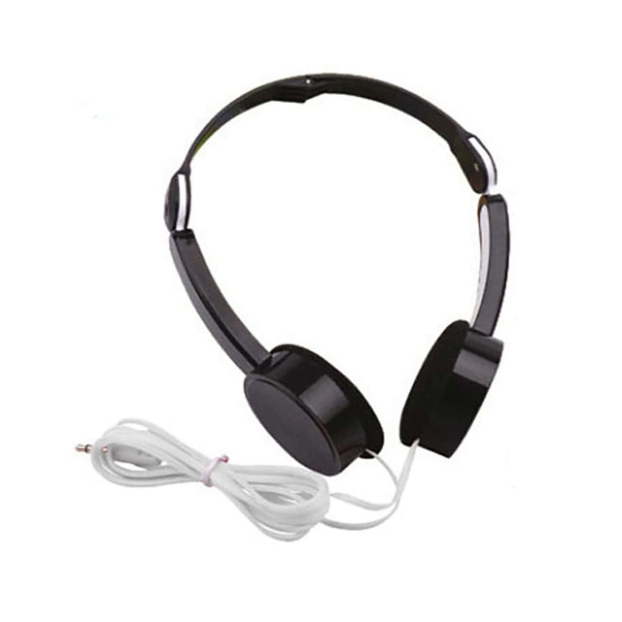 A pair of black foldable headphones with a white audio cable, featuring a minimalist design and a logo. Foldable Headphone - Image 1