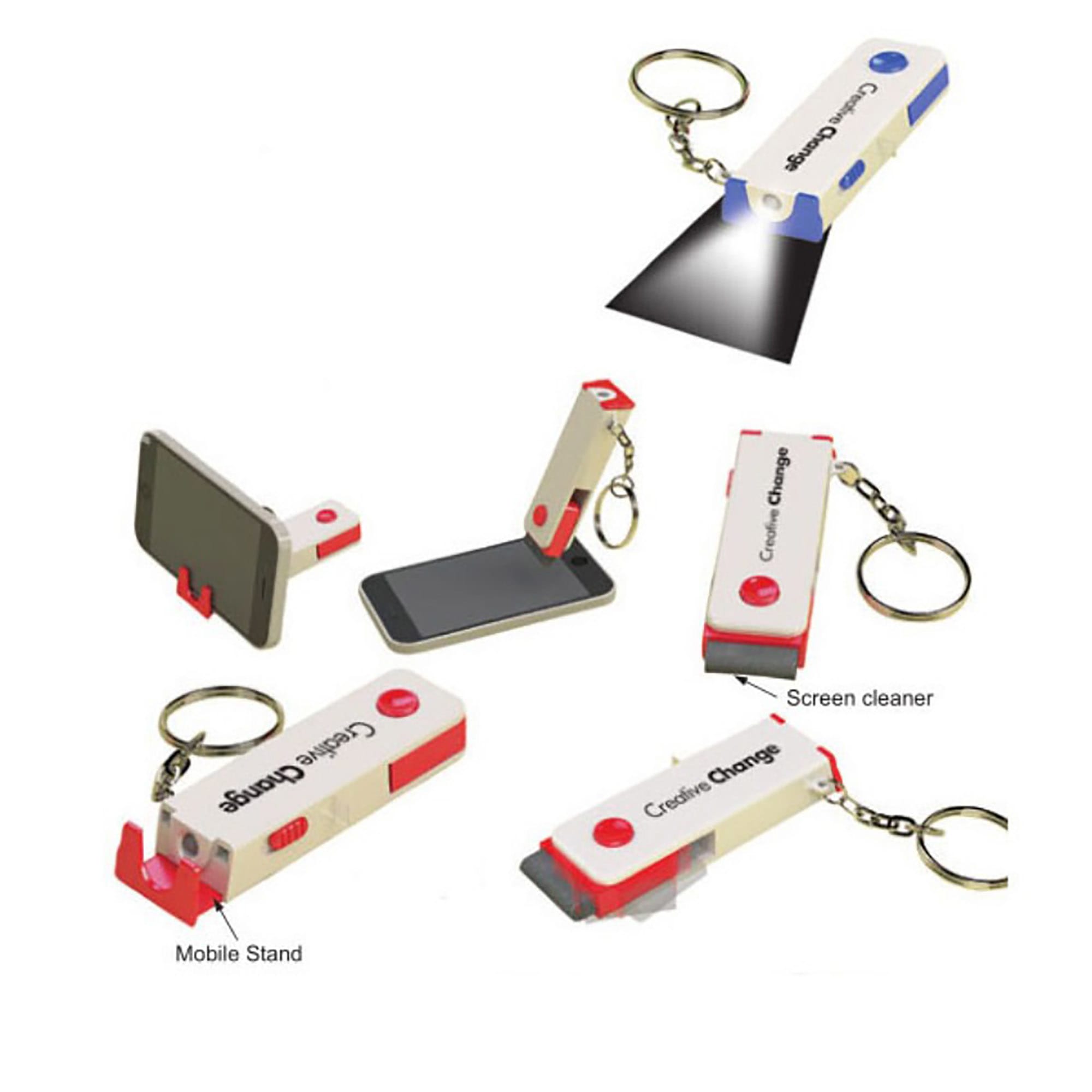 A mobile stand with light in red and white, featuring a built-in screen cleaner and keychain attachment. Mobile Stand with Light - Image 1