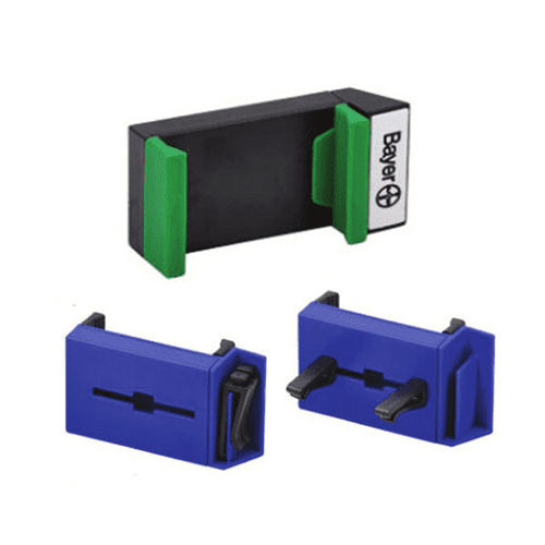 A car phone holder in black and green, with two blue clips, designed for secure phone placement. Mobile Stand in Car - Image 1