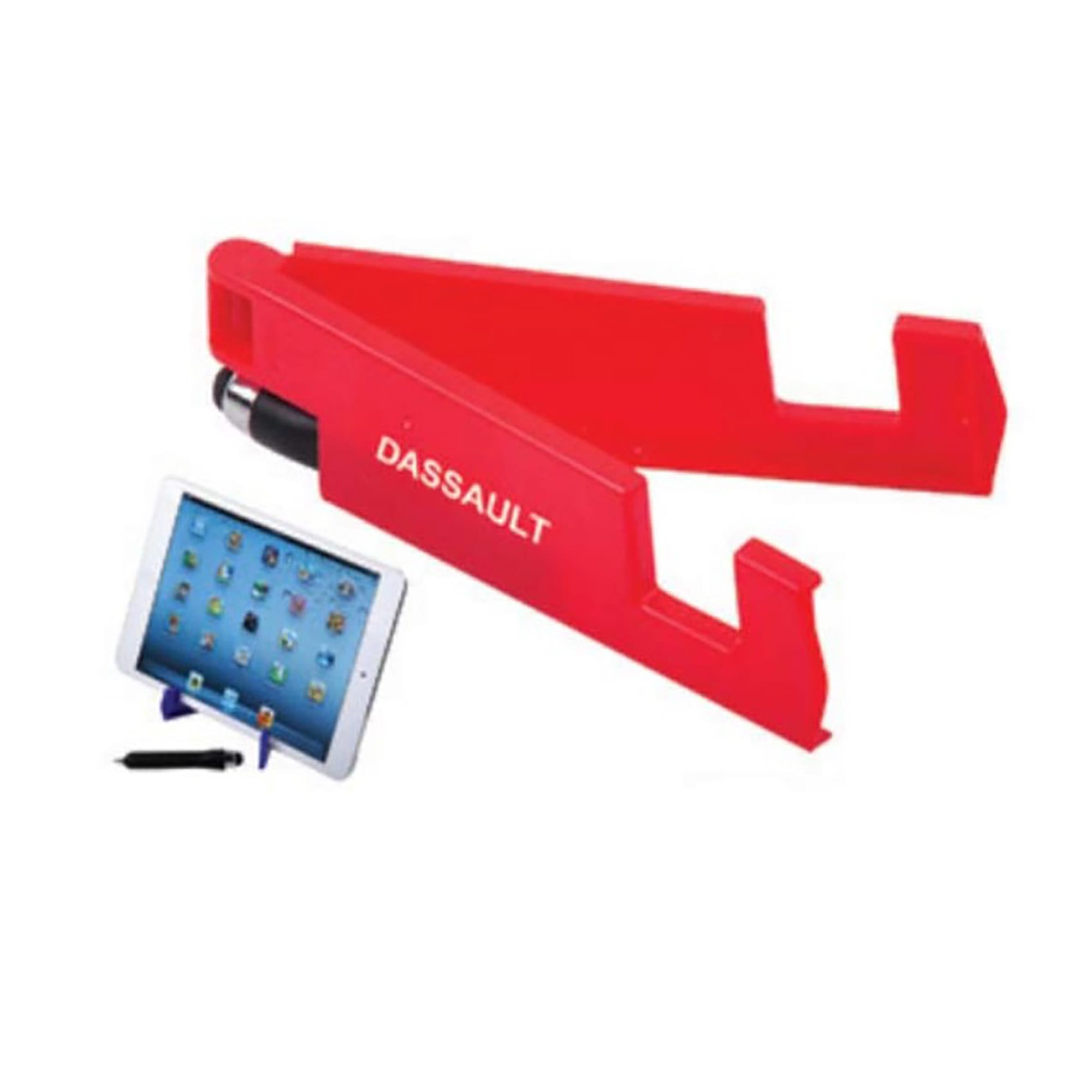 A red mobile stand with a stylus pen, designed for tablets and phones, featuring a logo on the stand. Mobile Stand And Stylus Pen - Image 1