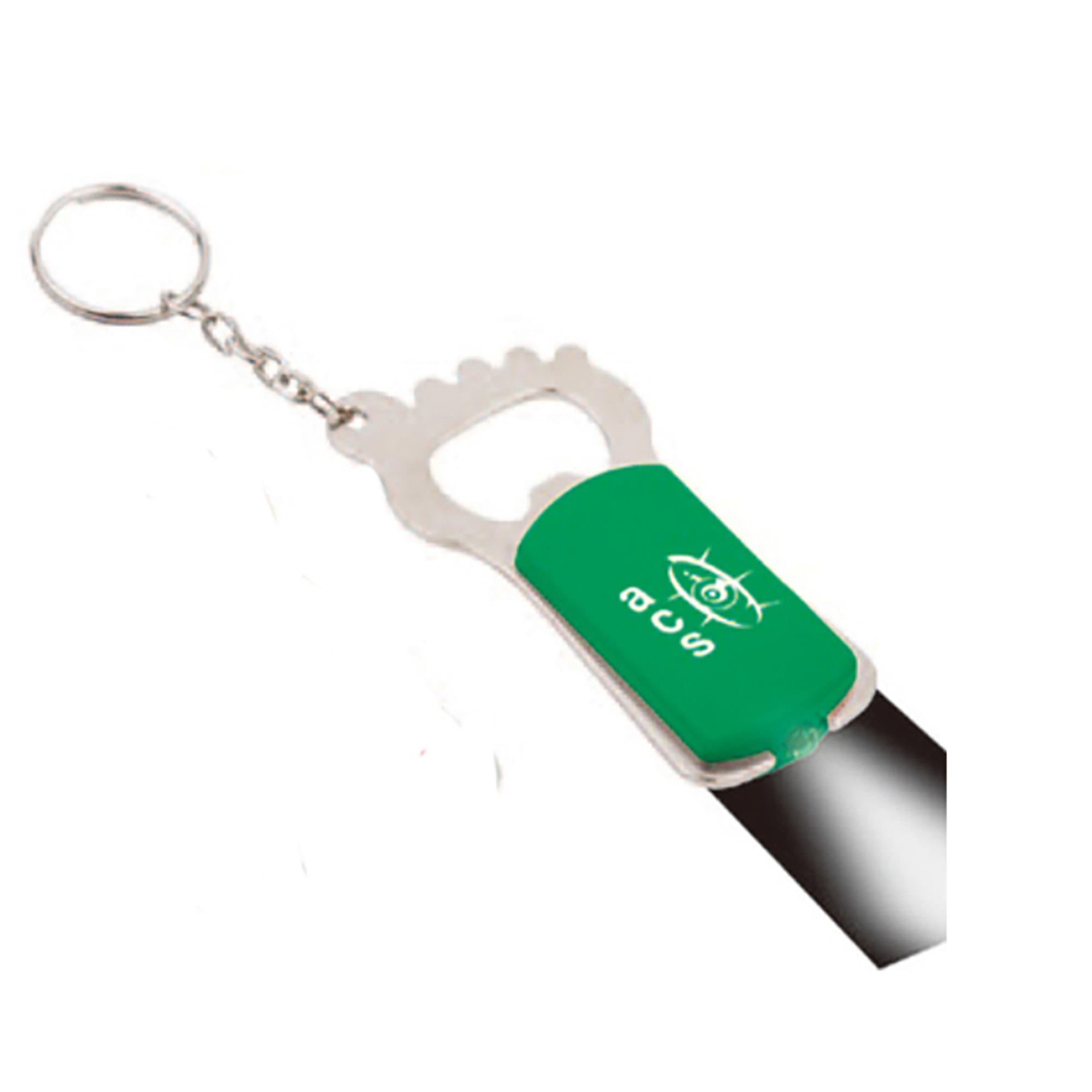 A drink bottle opener in green with a keyring and a branding logo, featuring a metallic opener. Bottle Opener with Light - Image 1