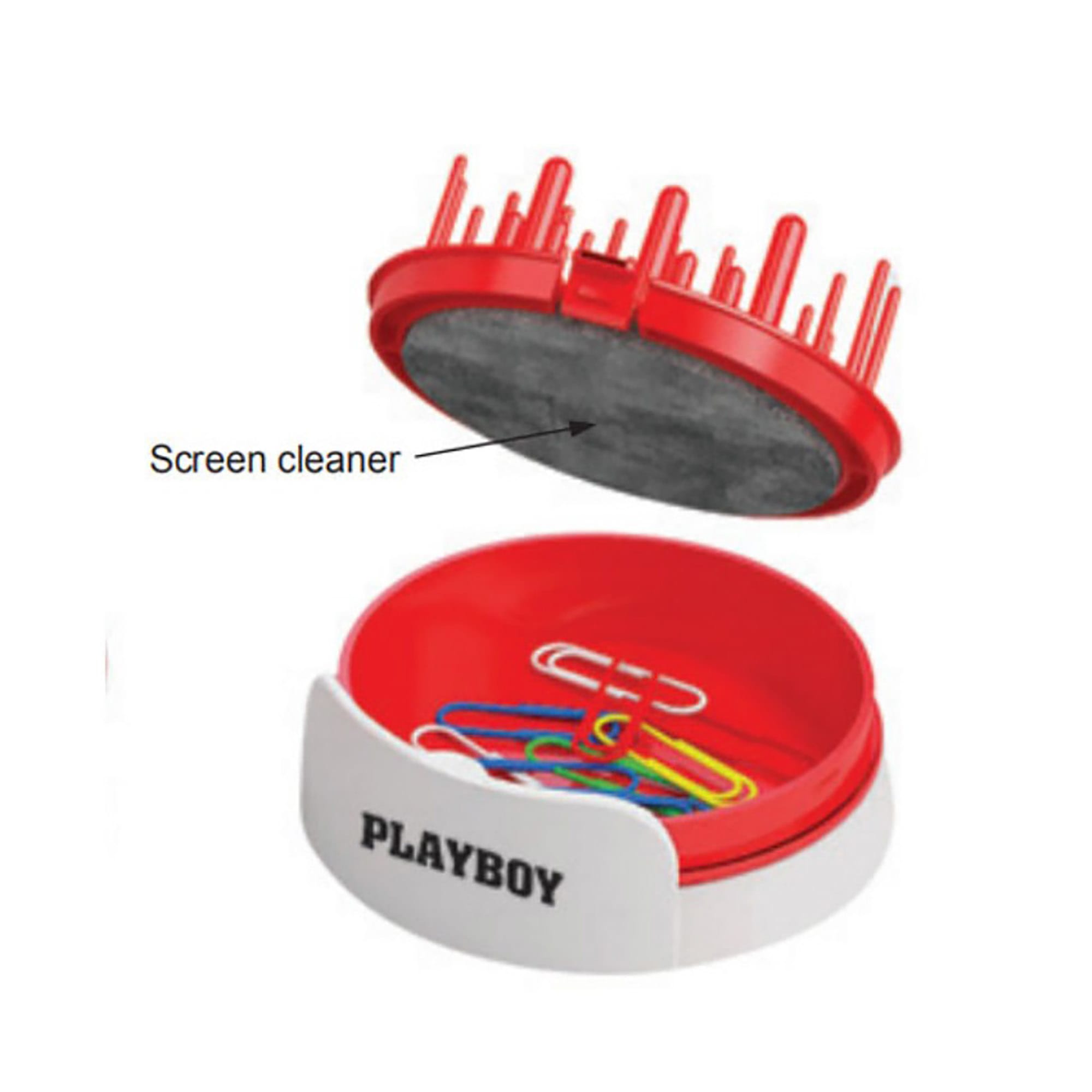 A red mobile stand with a screen cleaner and compartment for clips, featuring a logo on the base. Mobile Stand Screen Cleaner with Clips - Image 1