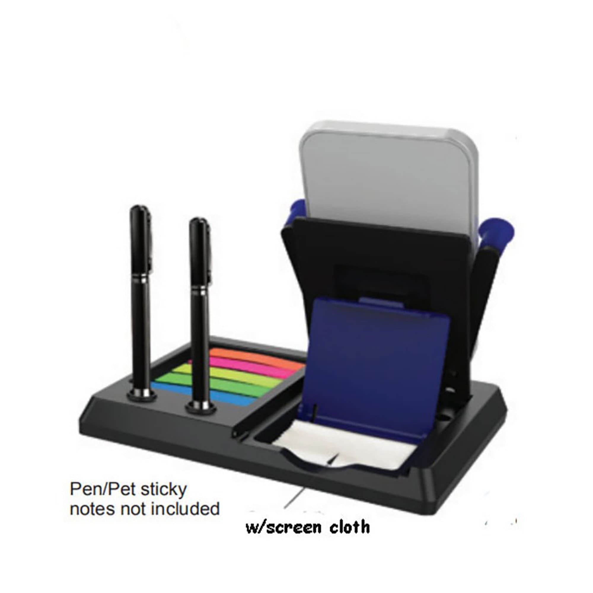 A desk organizer in black with two pens, sticky note pads in various colours, and a screen cloth. Mobile Stand with Cloth - Image 1
