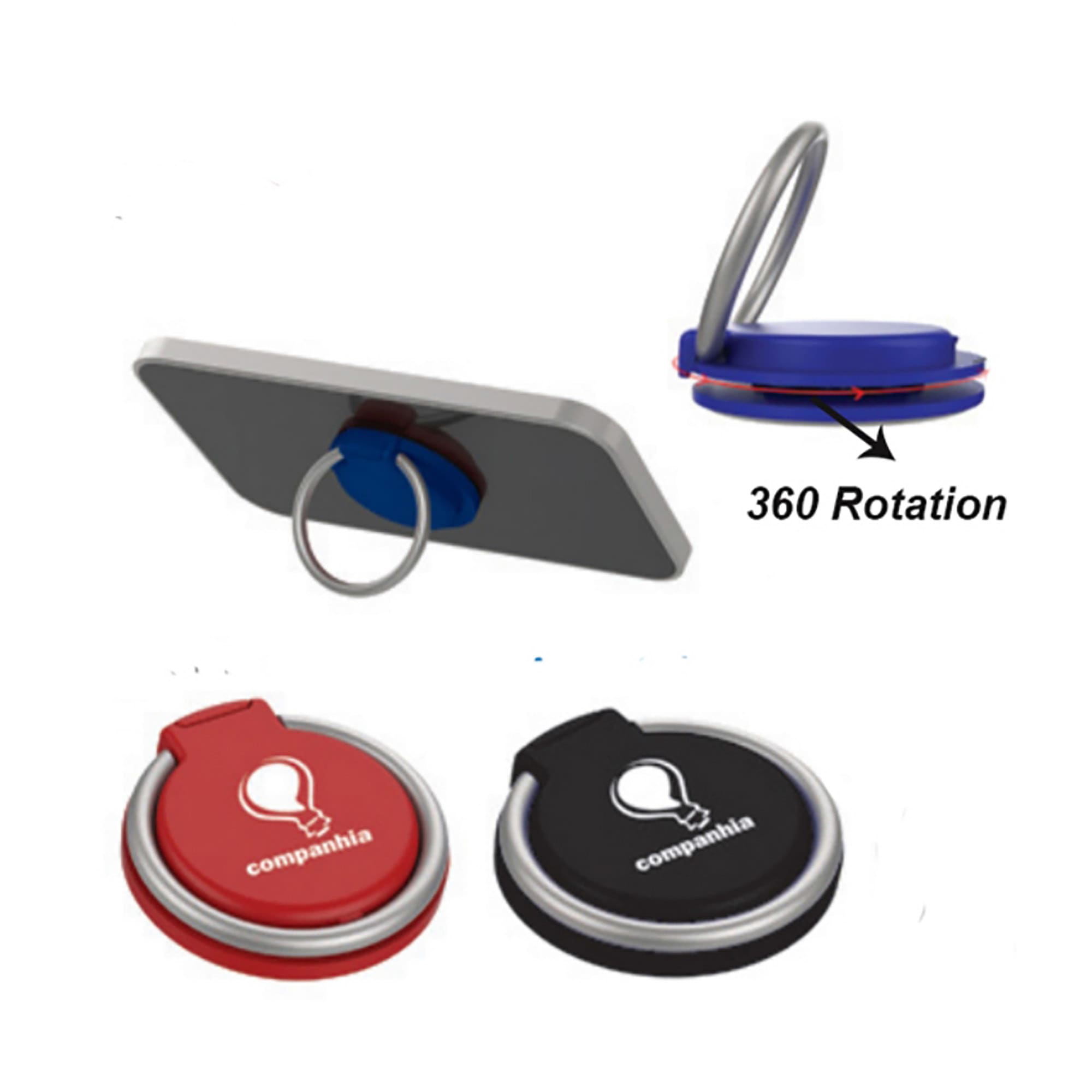 A mobile stand with a blue, red, and black design featuring a rotating ring for enhanced grip. Mobile Stand - Image 1
