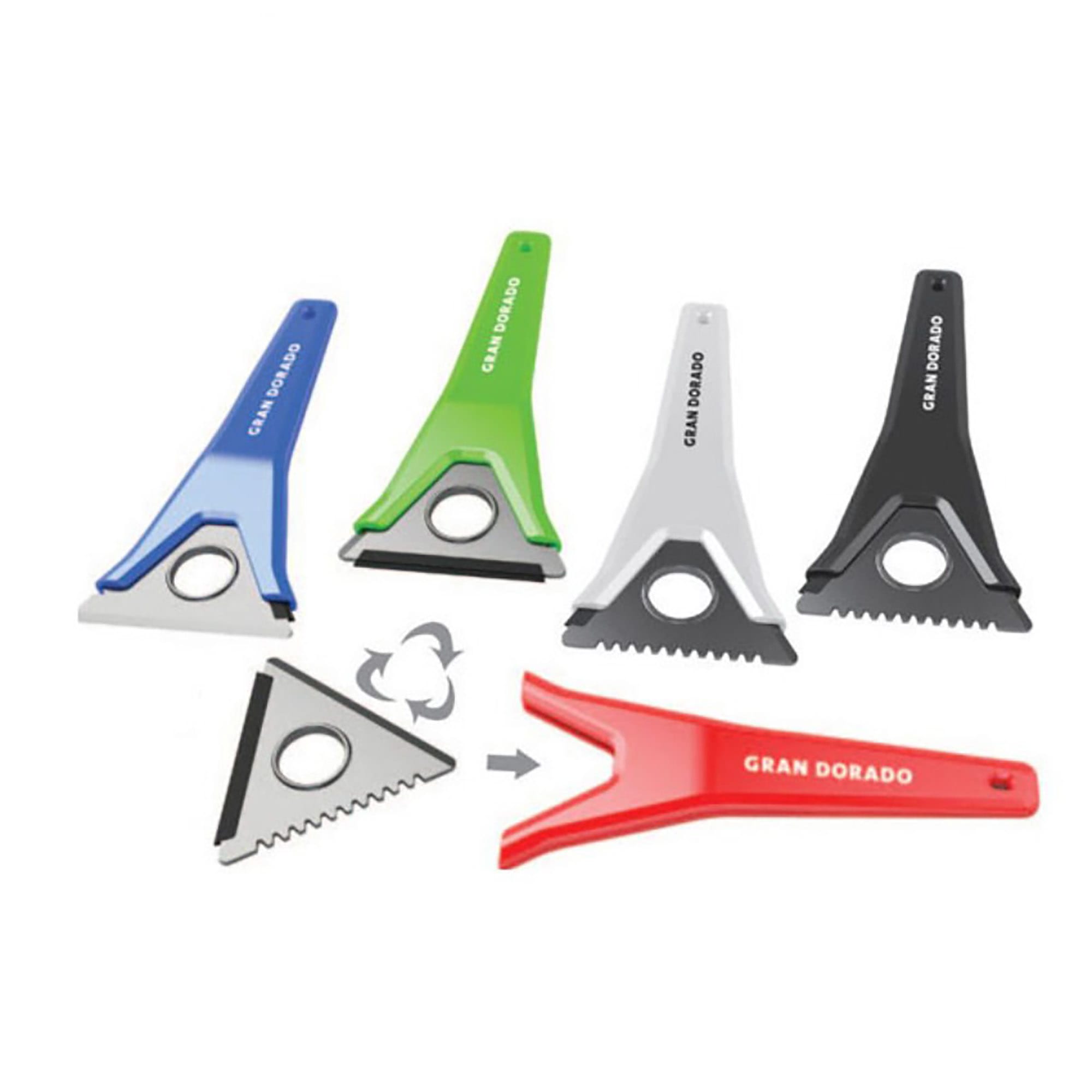 A set of ice scrapers in blue, green, black, and white, featuring changeable heads and a logo. Ice Scrapper with Changeable Head - Image 1