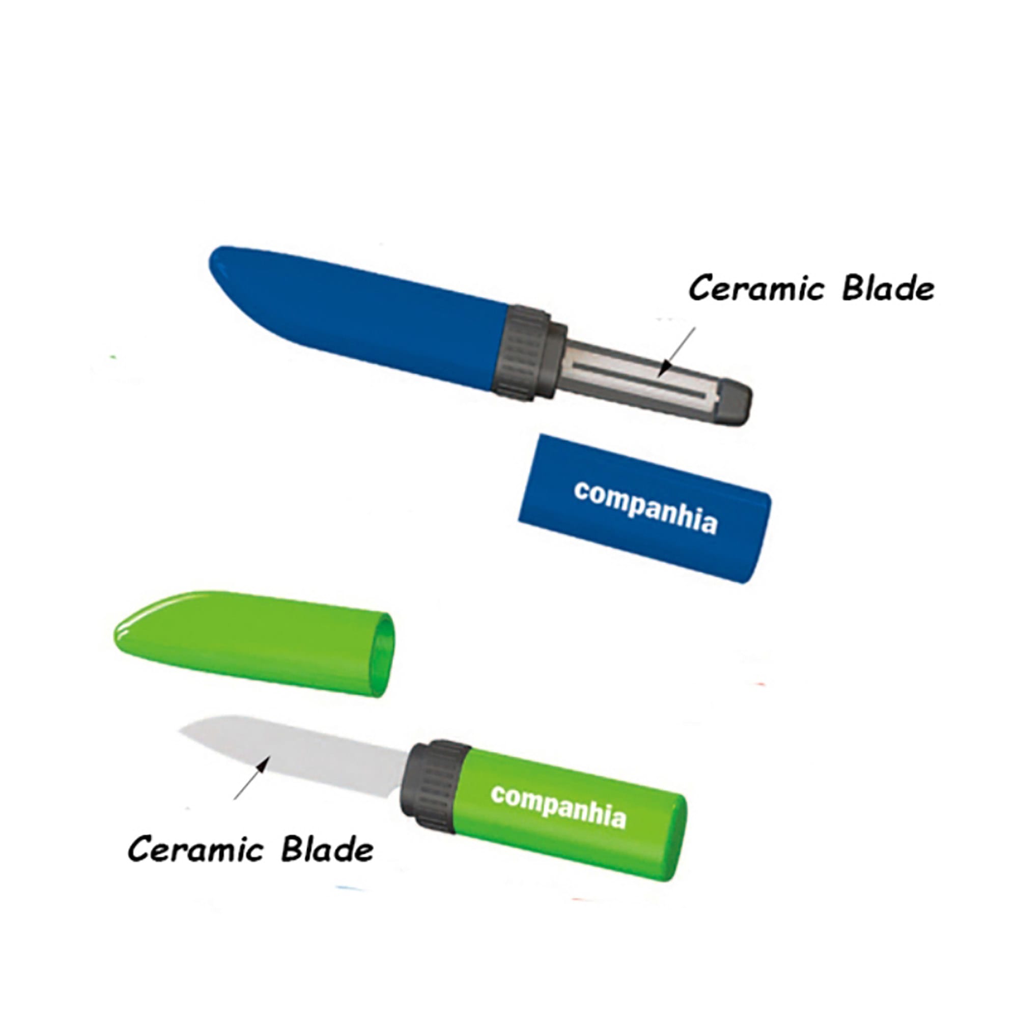 A green peeler and a blue knife with ceramic blades, both with matching caps and a logo. Ceramic Knife And Peeler - Image 1
