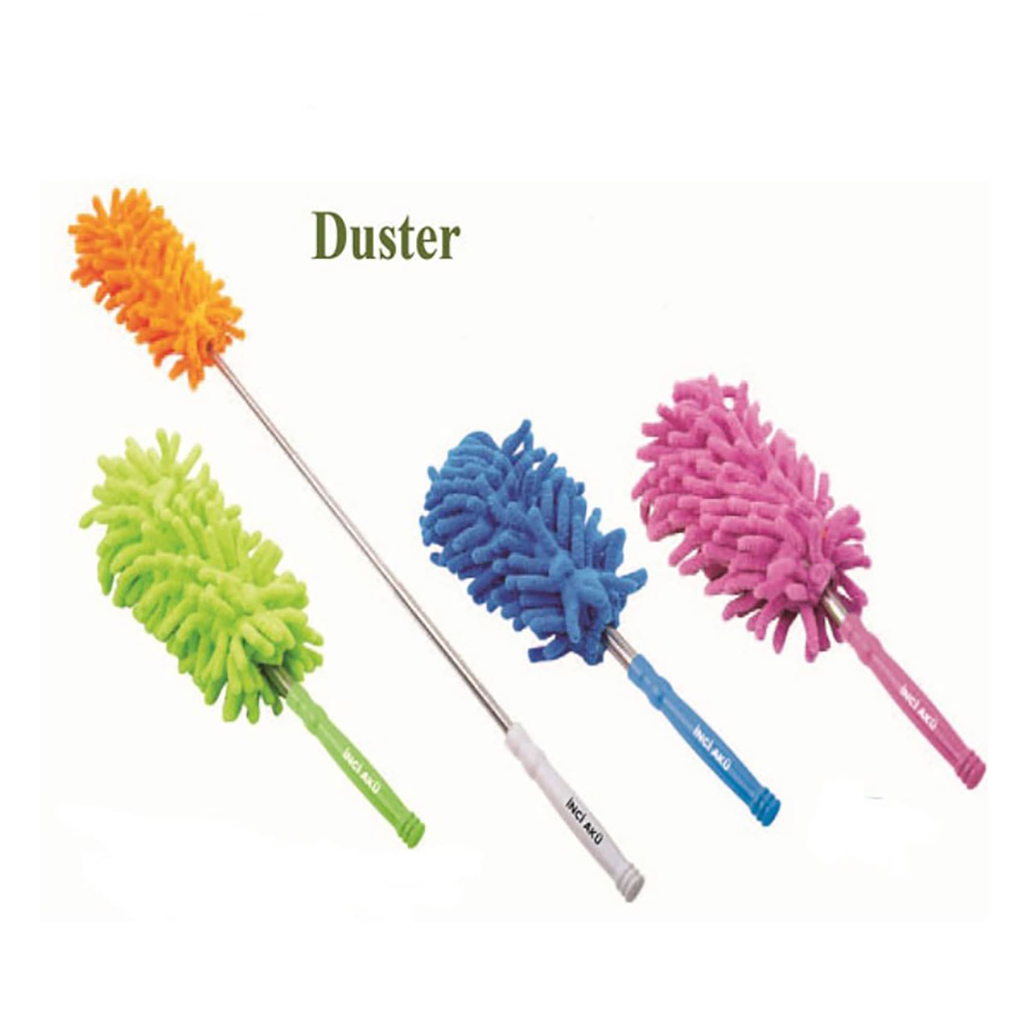 A set of four brightly coloured dusters with fuzzy, microfibre heads and extendable handles in orange, green, pink, and blue. Duster - Image 1