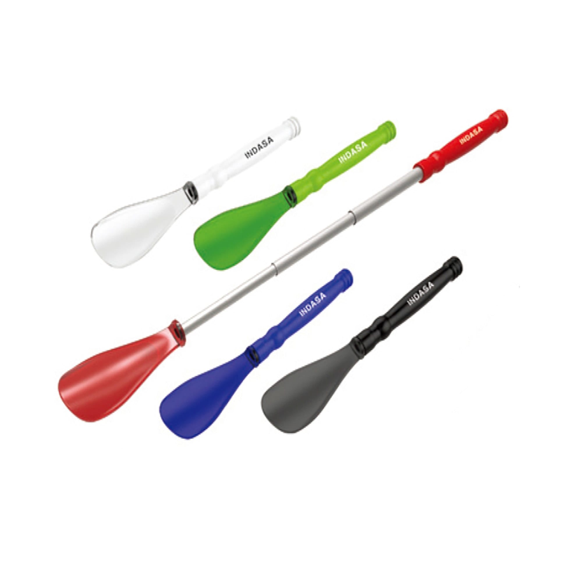 A set of shoe horns in various colours: white, green, red, blue, and black, featuring a logo. Shoe Horn - Image 1