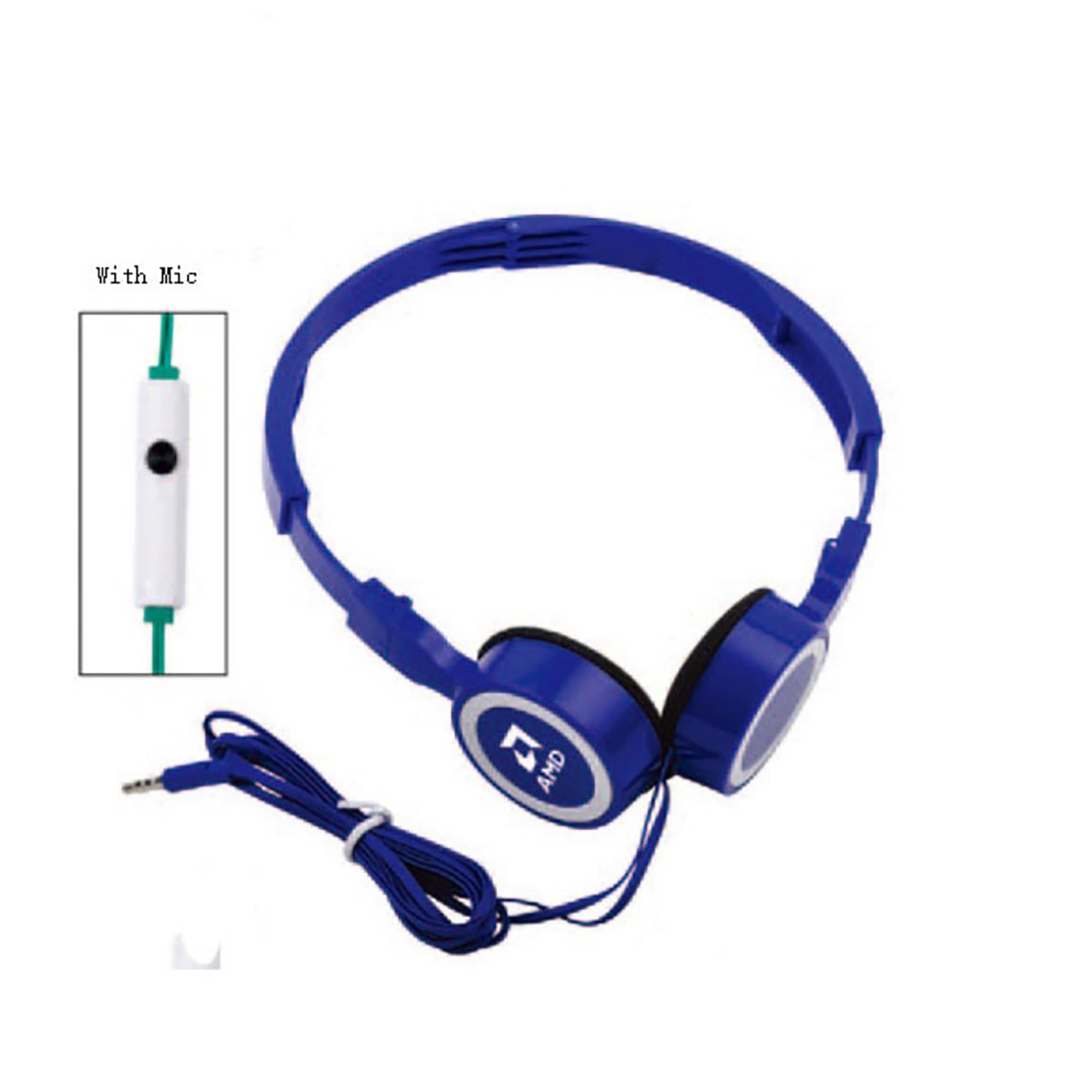 Foldable headphones with mic featuring blue ear cups and a green audio cable. Includes an in-line microphone. Foldable Headphones with Mic - Image 1