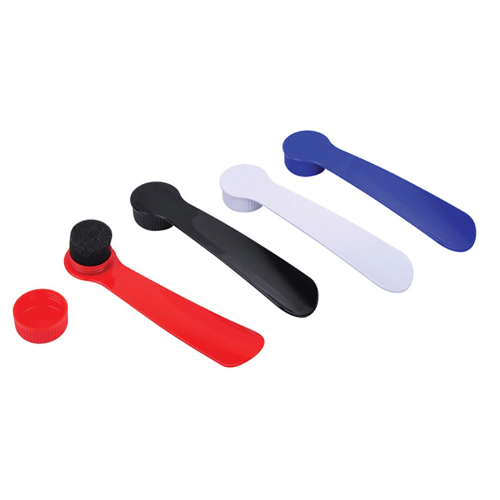 A shoe horn and shoe brush set featuring red, black, white, and blue tools, including a cap for storage. Shoe Horn and Shoe Brush - Image 1