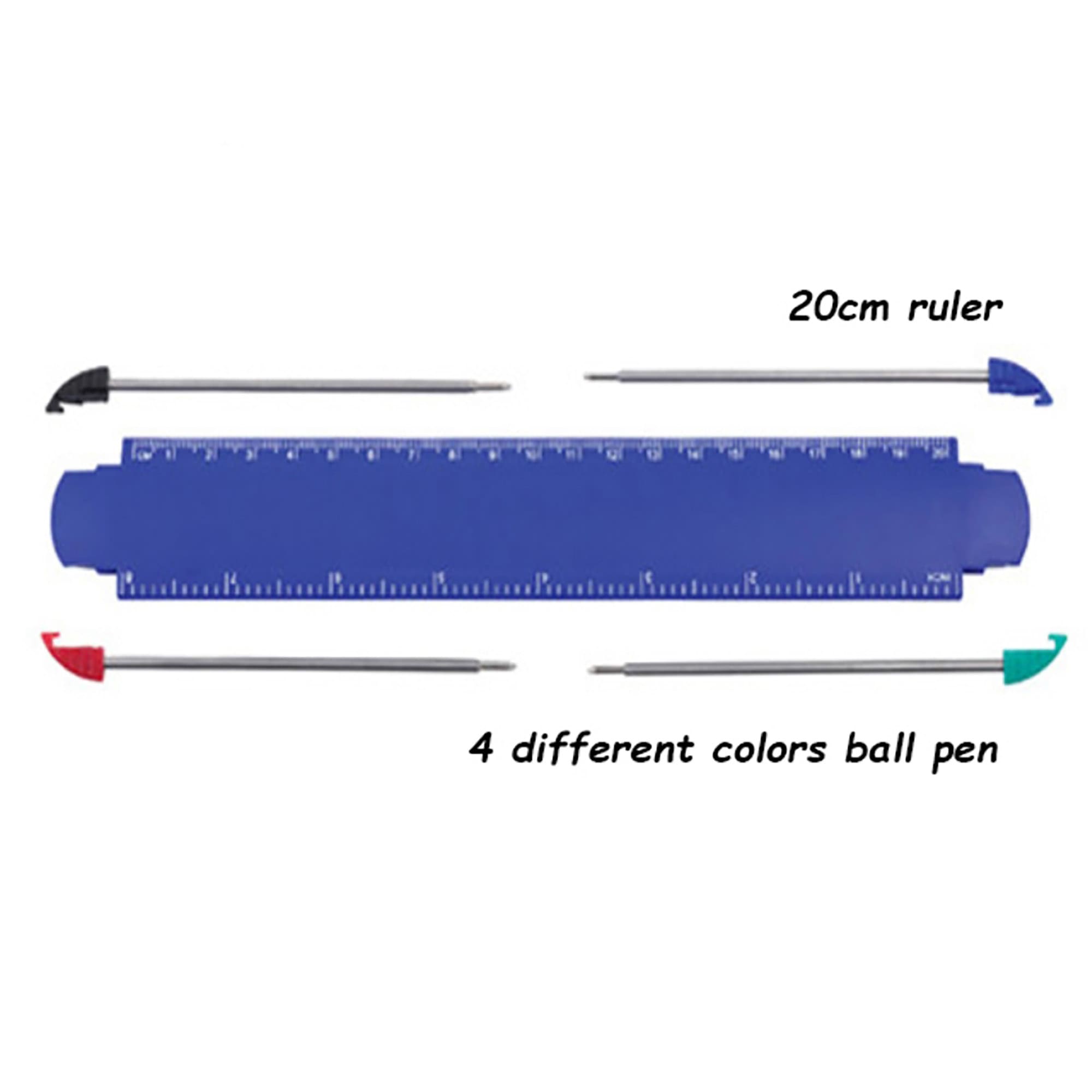 A 20cm blue ruler accompanied by four ball pens in green, red, black, and blue. The ruler has measurement markings. Ruler with 4pcs Ball Pen - Image 1