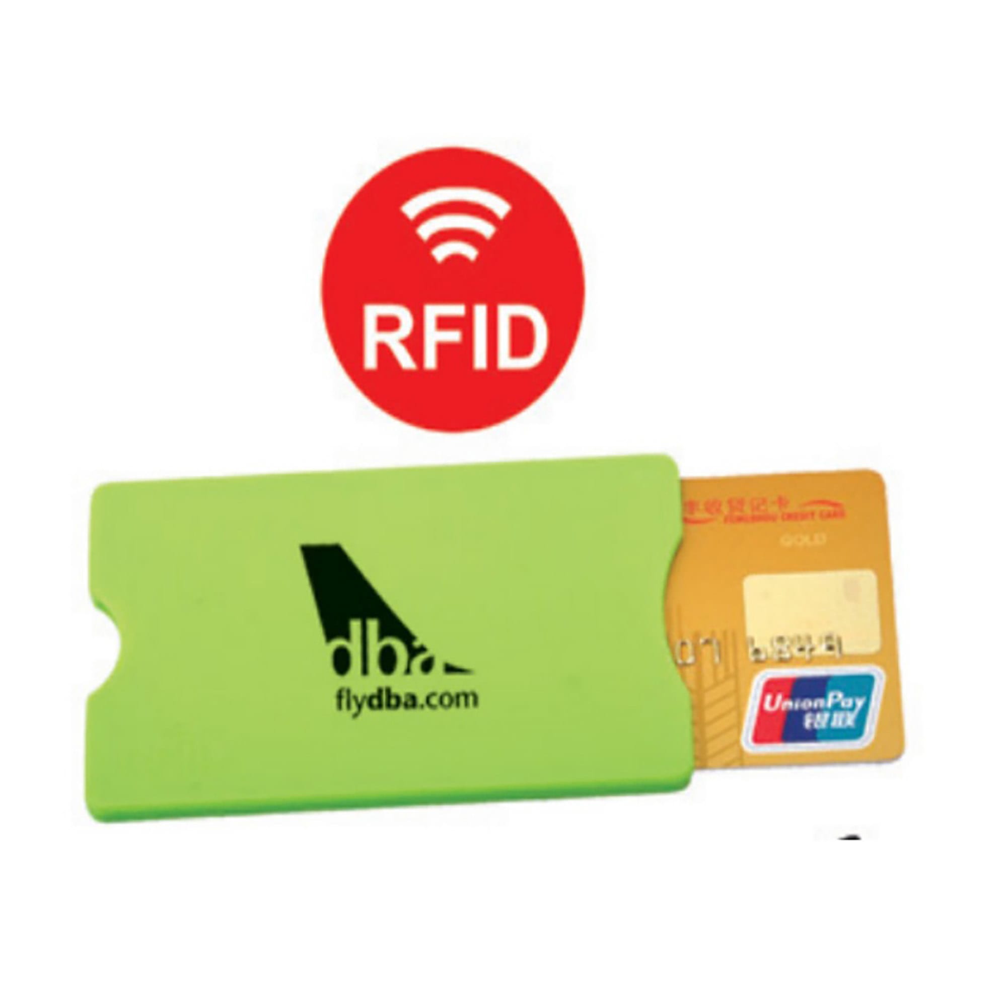 A green RFID card holder with a credit card partially inserted and a logo present. RFID Card Holder - Image 1