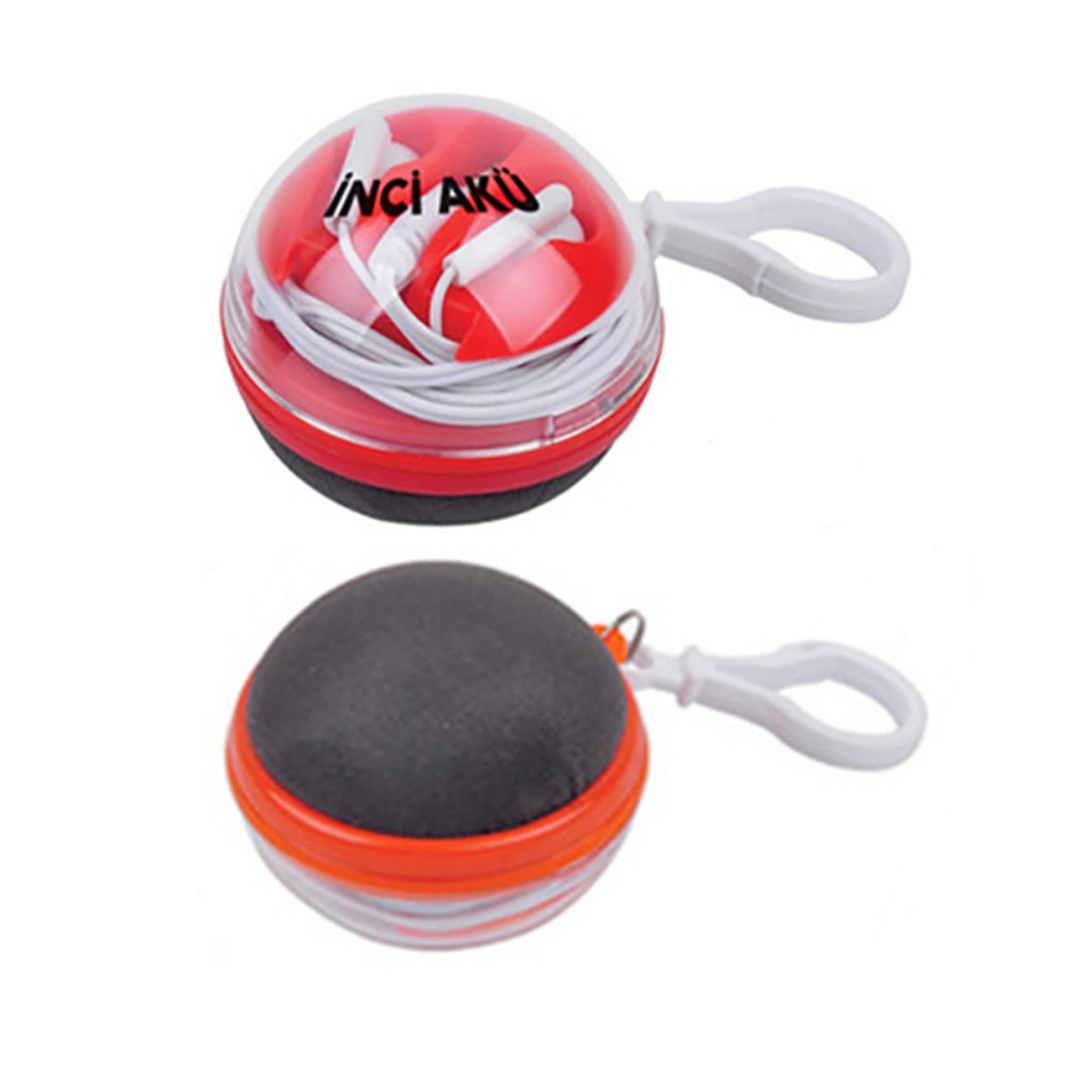 A round red and black case containing white earbuds, featuring a loop for attachment and a branded logo on top. Earbuds in Case with Screen Cleaner - Image 1
