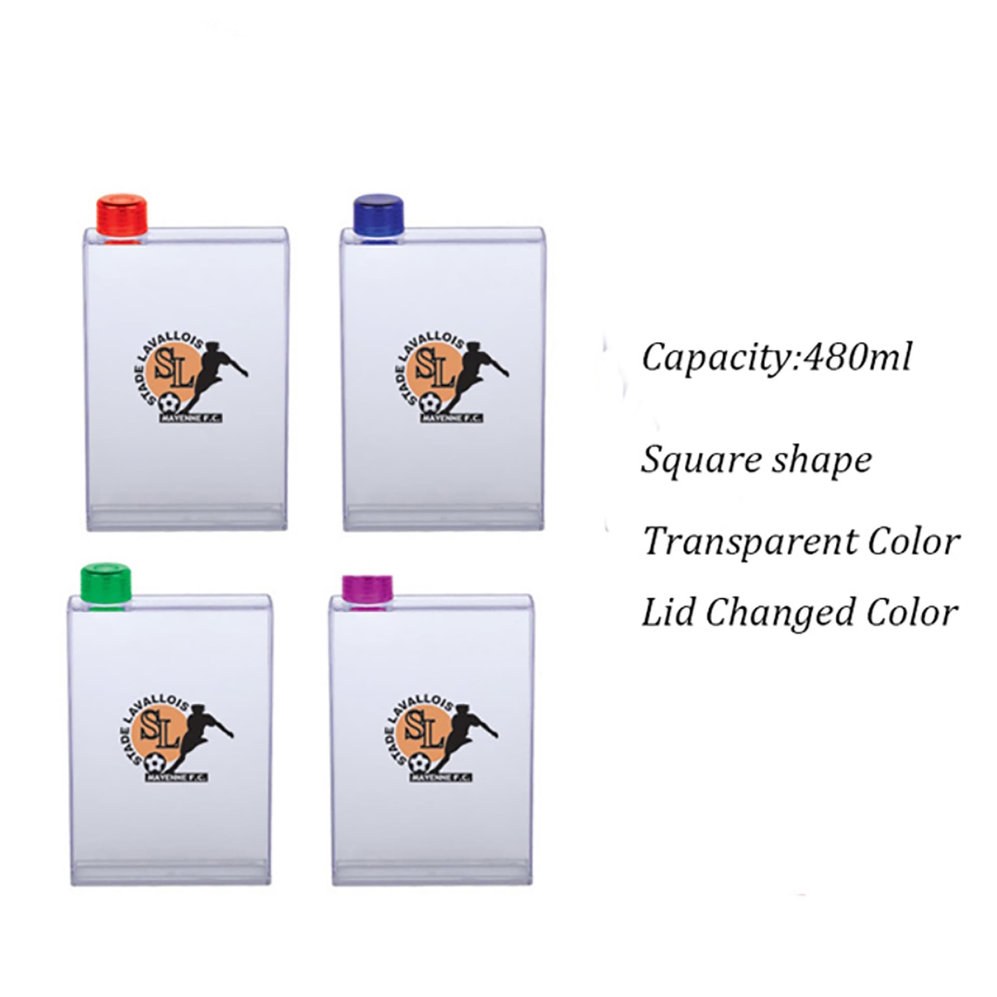 A drink bottle set featuring four transparent square flasks with coloured lids: red, green, purple, and blue. Flask - Image 1