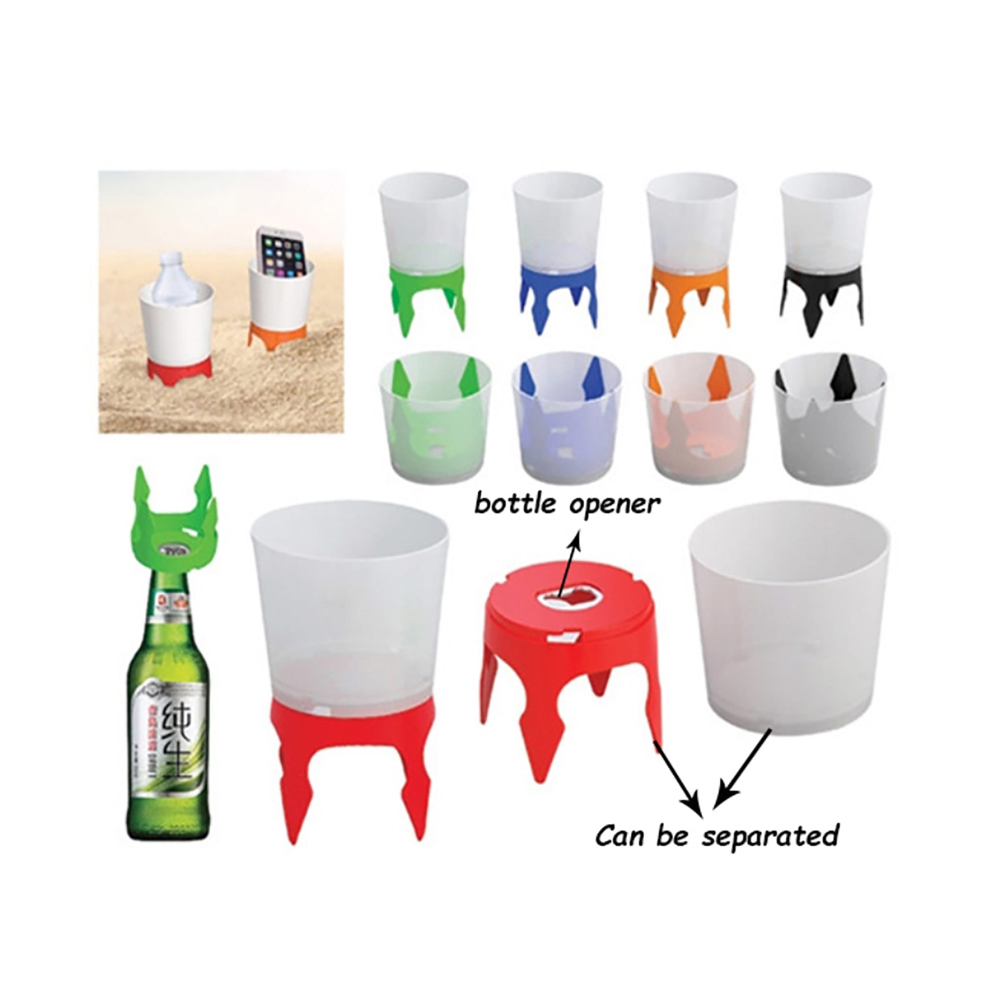 A drink bottle holder featuring a plastic cup in various colours, including red, black, green, blue, and orange, with a bottle opener. Beach Cup with Bottle Opener - Image 1