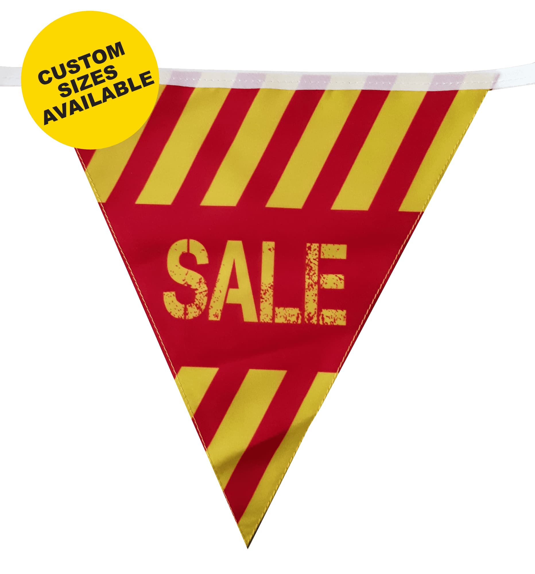 A triangular polyester bunting in red and yellow with a logo, featuring a striped pattern. Polyester Bunting - 150mm x 200mm - Image 1