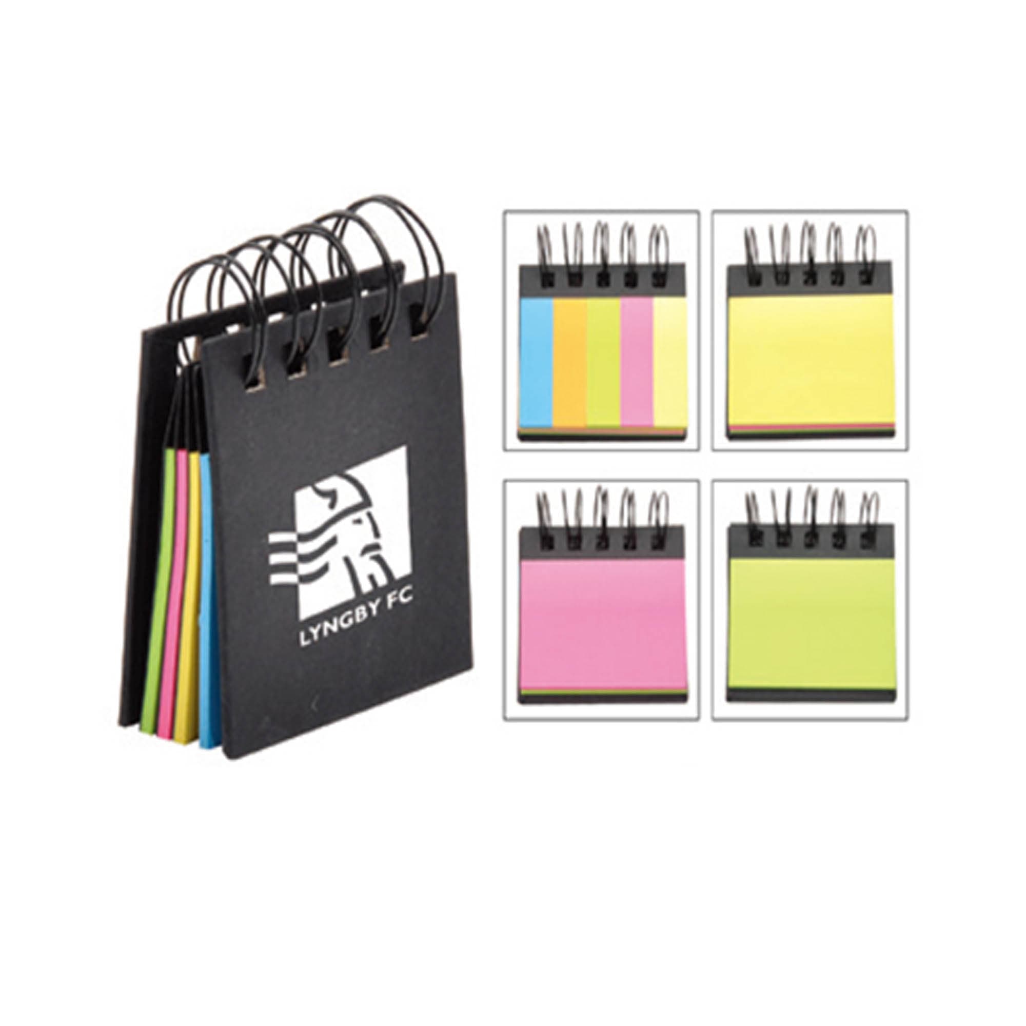 A memo holder with a black cover, featuring multi-coloured sticky notes in blue, pink, yellow, and green, and a logo. Memo Holder - Image 1