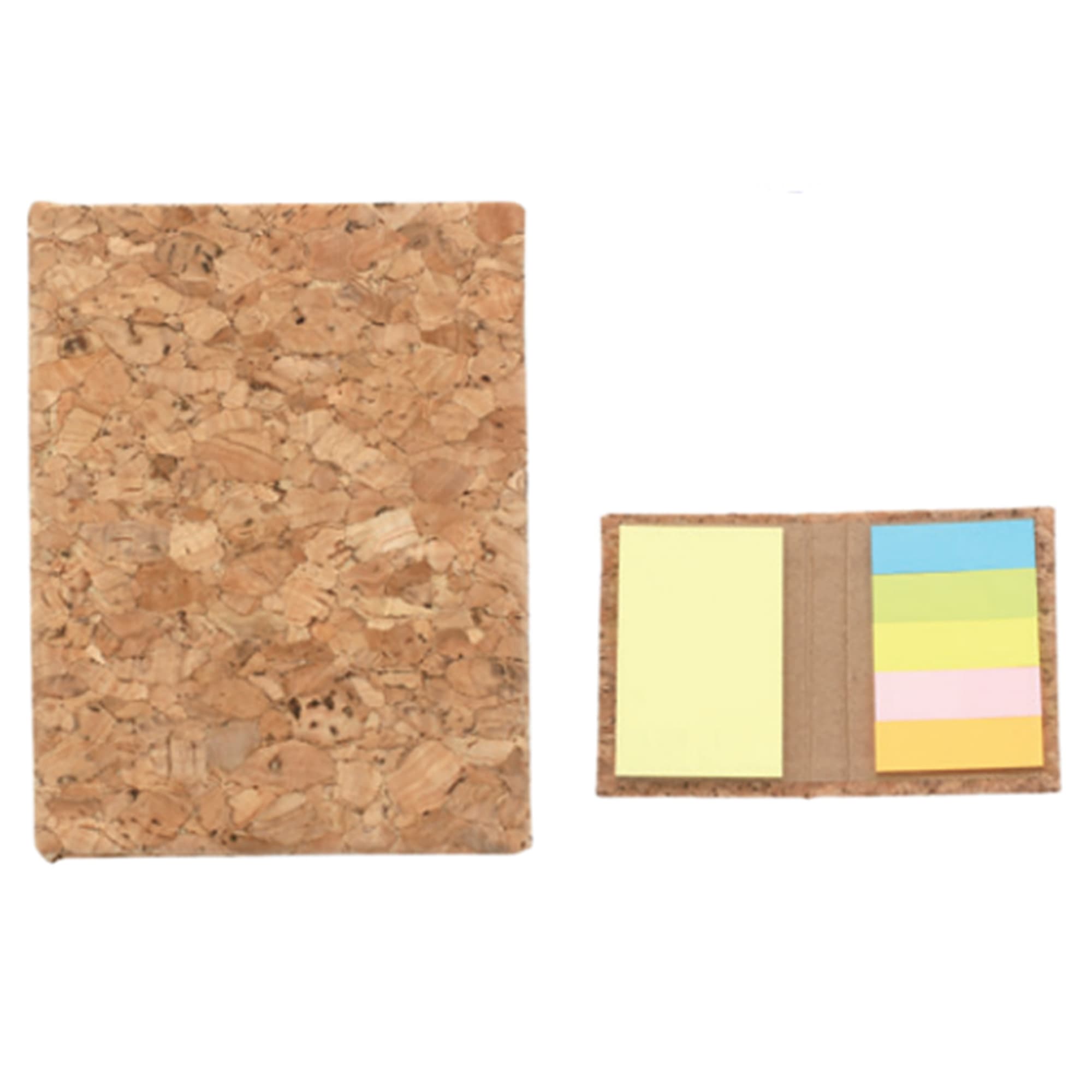 A cork notepad with a textured cork cover and a small set of colourful sticky notes. It has a logo on the front. Cork Notepad - Image 1