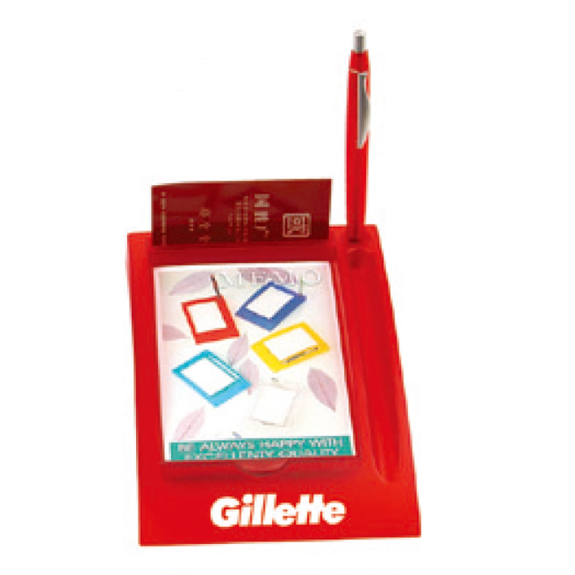 A red memo holder with a pen, featuring several coloured note markers and a branding logo. Memo Holder - Image 1
