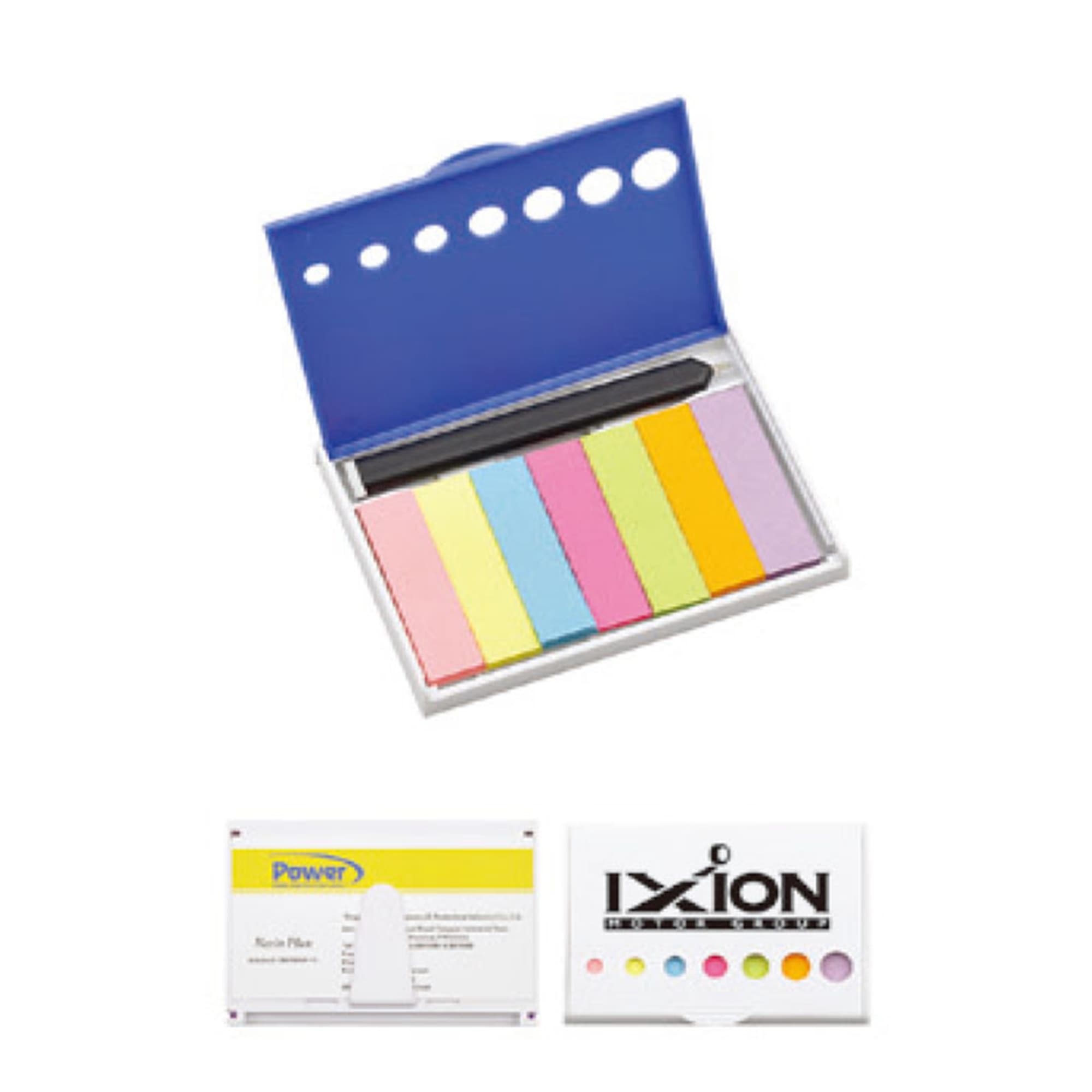 A set of sticky notes in pastel colours, housed in a blue case with a white base and a black pen. Features logos. Sticky Notes - Image 1