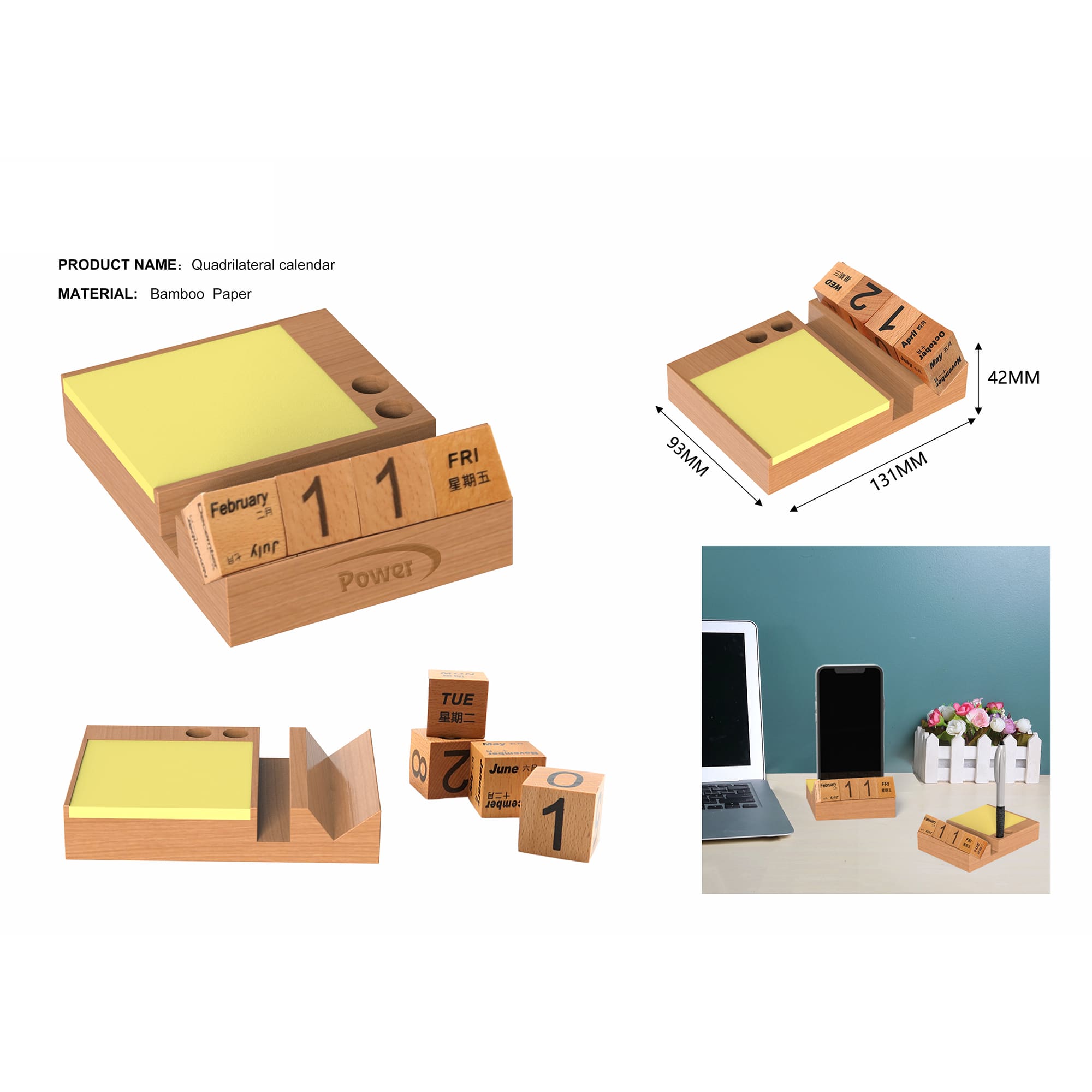 A bamboo calendar and memo pad with wooden blocks for dates and days, featuring a yellow notepad. Bamboo Calendar And Memo Pad - Image 1