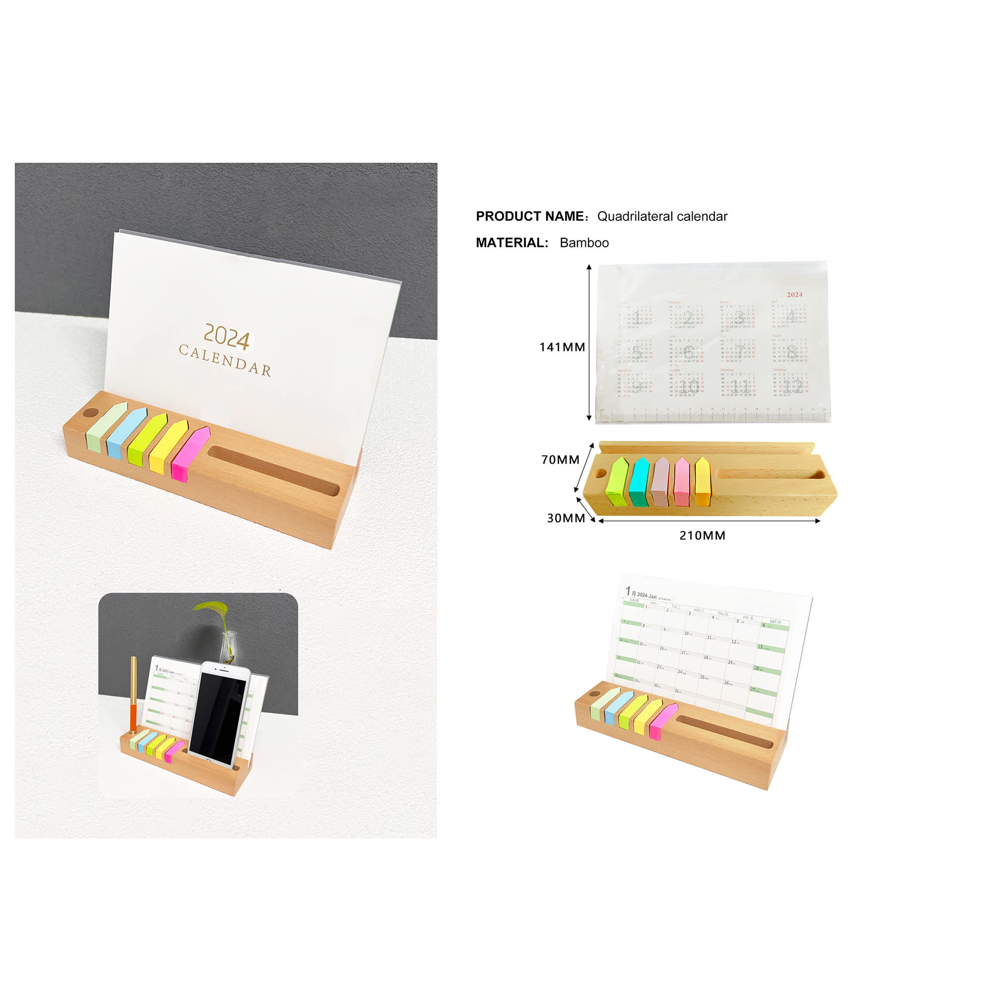 A bamboo calendar and memo holder with multiple coloured tabs, featuring a clear display for notes and plans. Bamboo Calendar And Memo Holder - Image 1