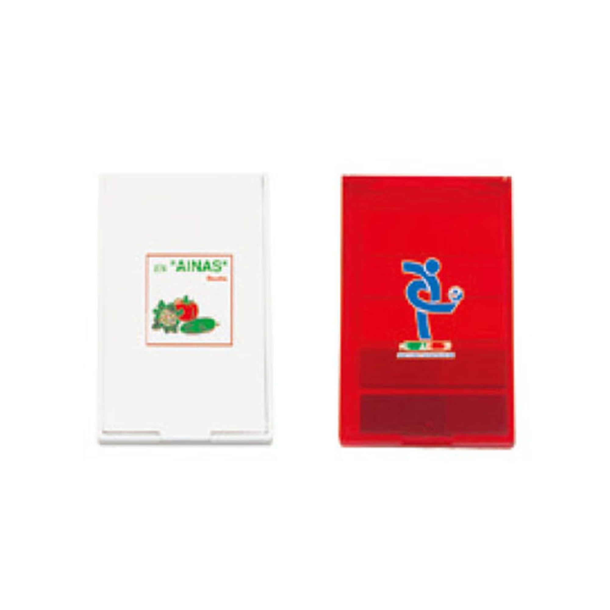 A white and a red memo holder, both featuring logos, designed for office use. Memo Holder - Image 1