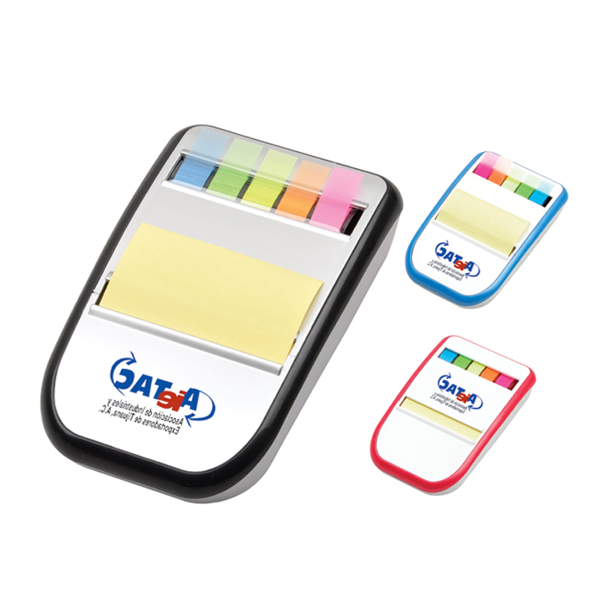 A set of memo holders in black, red, and blue featuring various sticky note colours and a built-in holder for notes. Memo Holder - Image 1