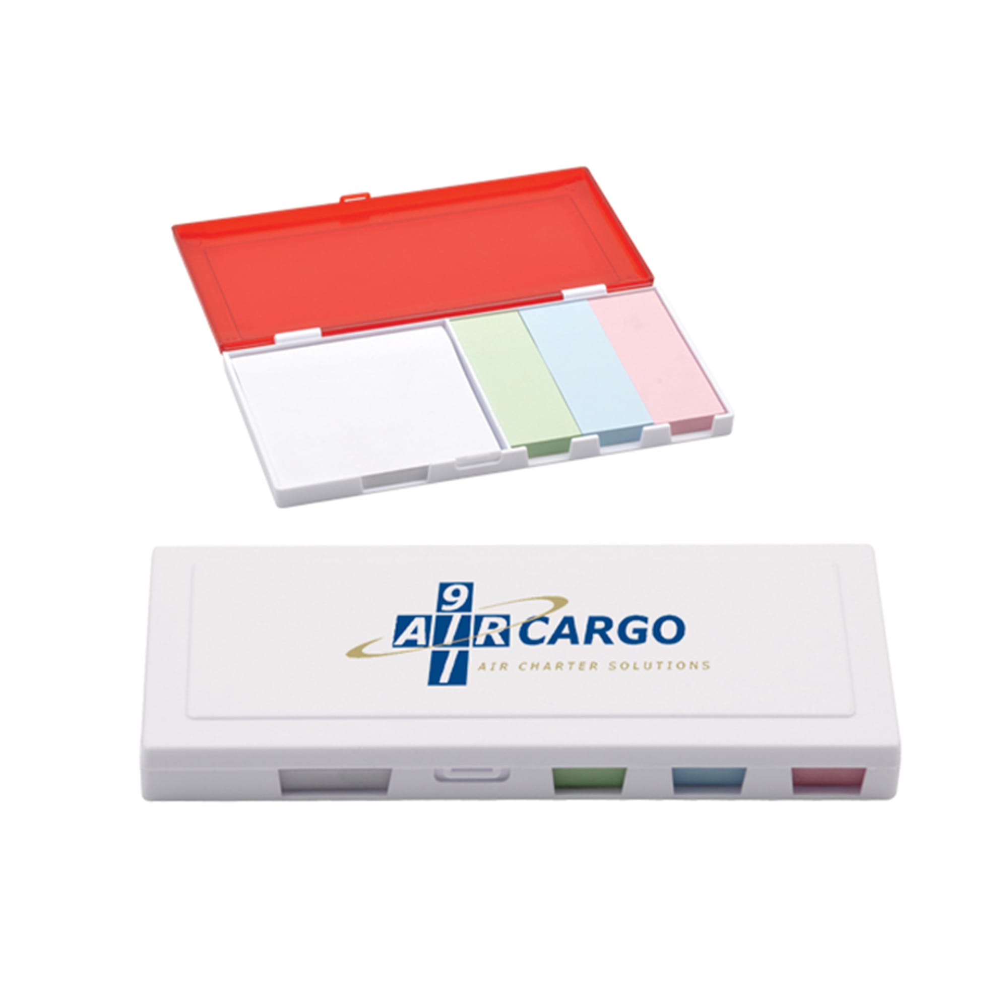 A white memo holder with a red lid, featuring coloured tabs inside, and displaying a logo. Memo Holder - Image 1