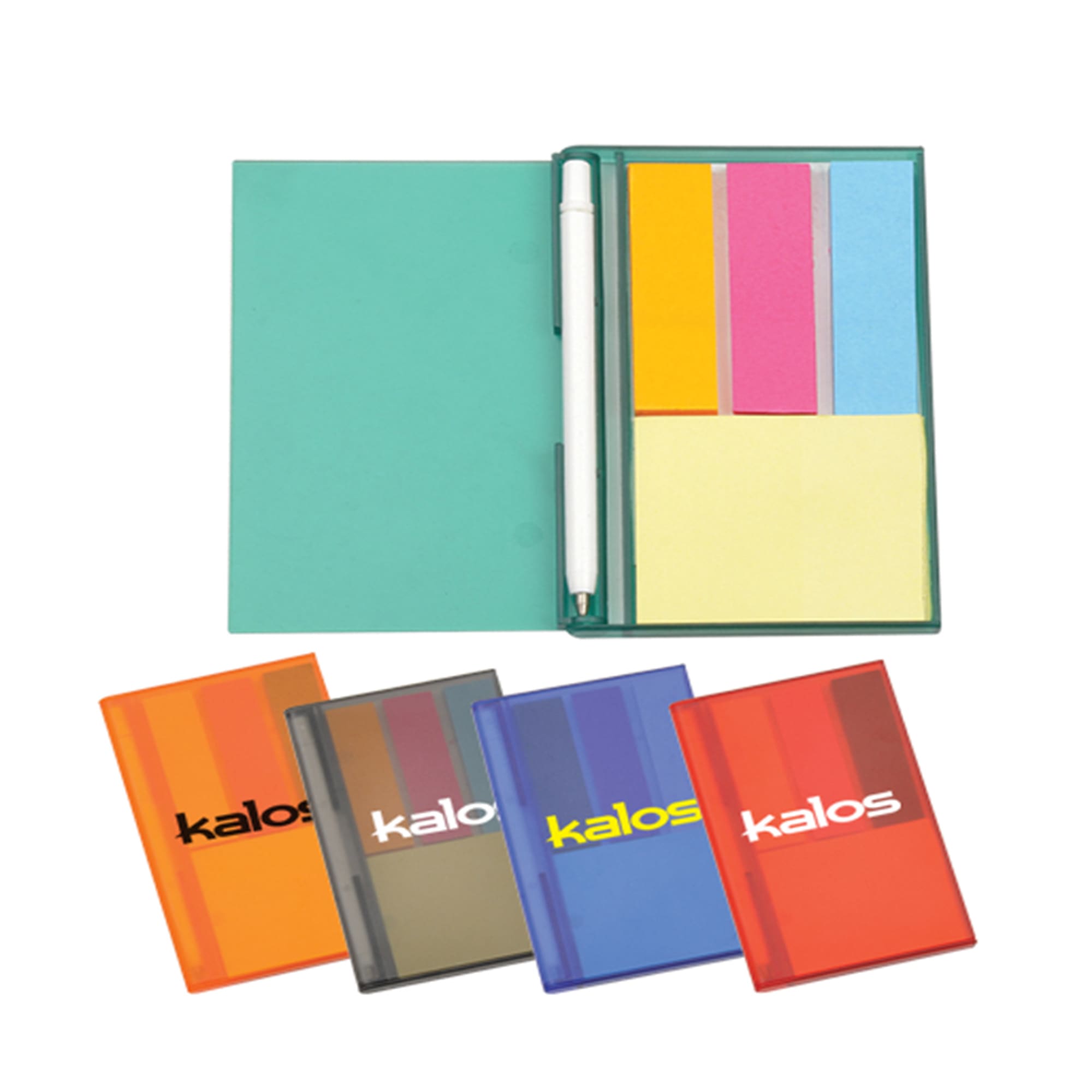 A set of sticky notes in various colours, with a pen and a case, featuring multiple coloured flags and a logo. Sticky Notes - Image 1