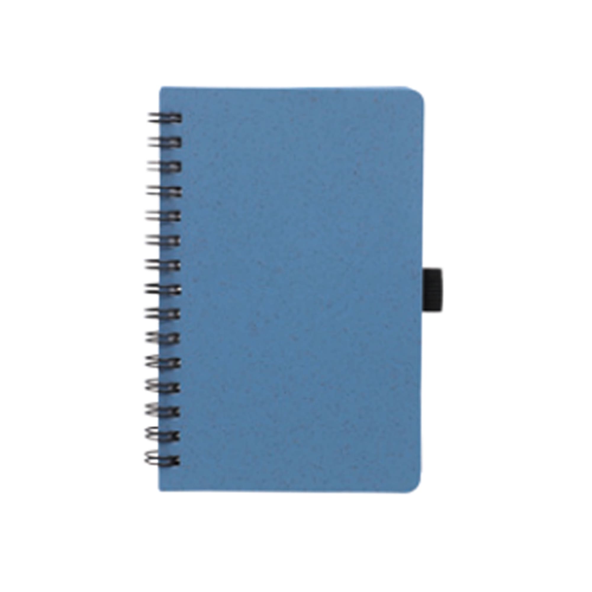 A6 recycled wheat straw notebook in blue with a black spiral binding and a black elastic band closure. A6 Recycled Wheat Straw PP Notebook - Image 1