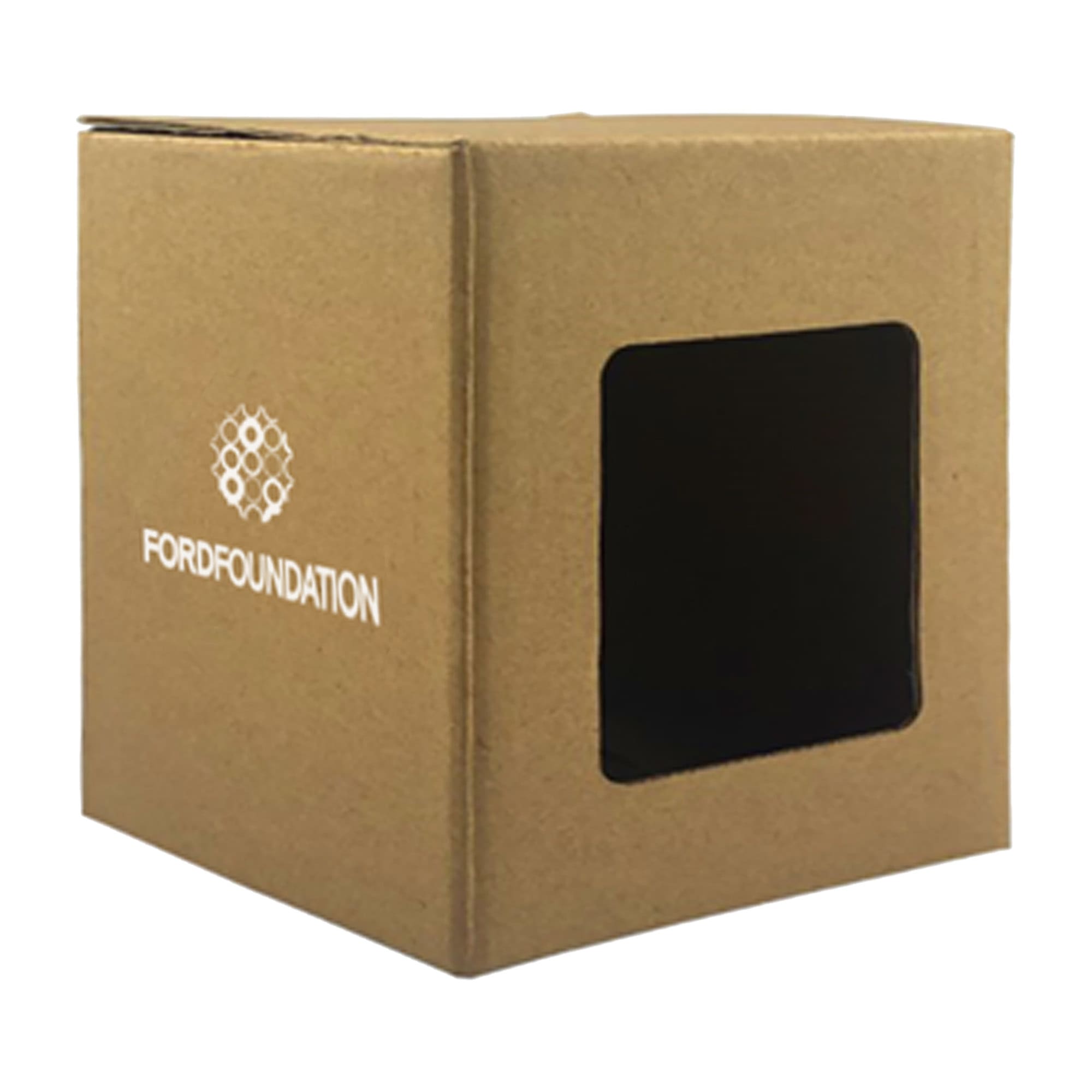 A small brown gift box with a transparent window, featuring a logo. Suitable for packaging drinkware items. Cup Gift Box Small - Image 1