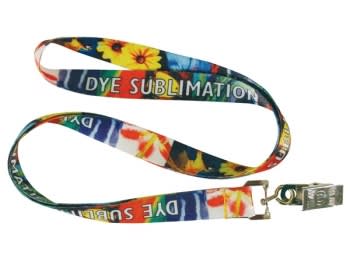 A colourful polyester lanyard featuring a floral design and a clip attachment, with sublimation print branding. Flat Polyester Lanyard 10mm (sublimation) - Image 1
