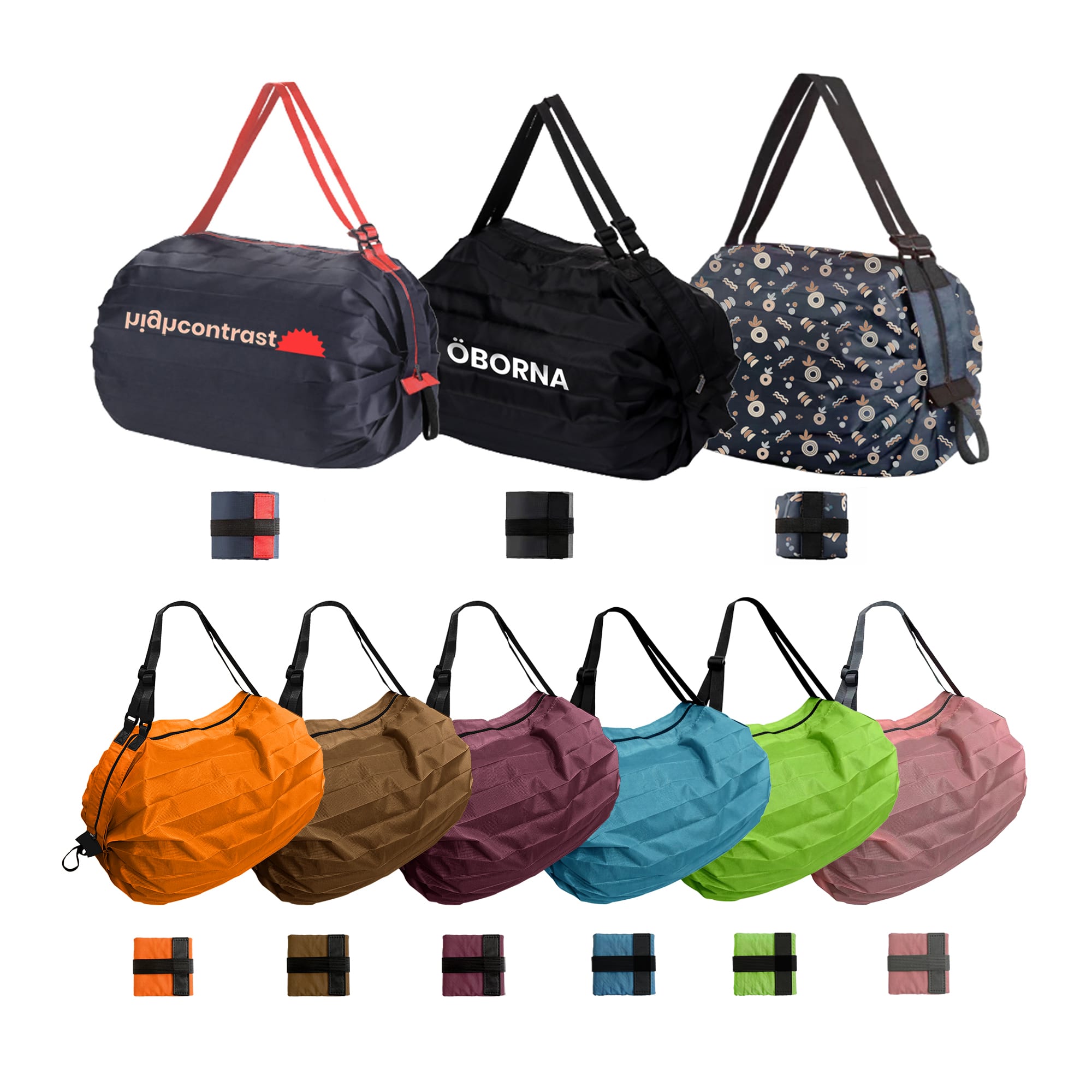 A variety of foldable shopping shoulder bags in black, orange, brown, green, blue, and pink, with adjustable straps and logos. Foldable Shopping Shoulder Bag - Image 1