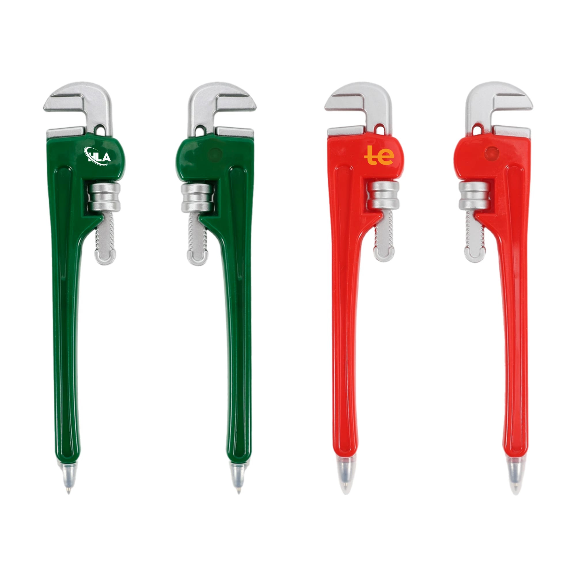 A pipe wrench-shaped ballpoint pen in green and red, each featuring a logo. Pipe Wrench Shape Ballpoint Pen - Image 1