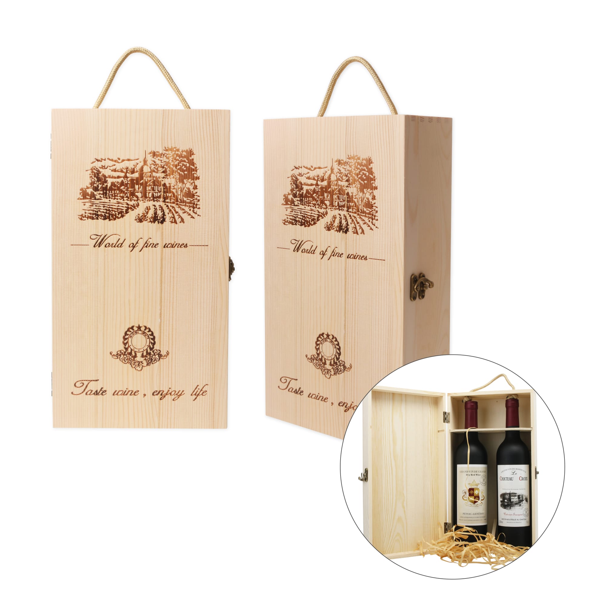 A wooden wine box in light timber with a handle, featuring illustrations and a hinged lid, holding two drink bottles inside. Double Bottle Wooden Wine Box - Image 1