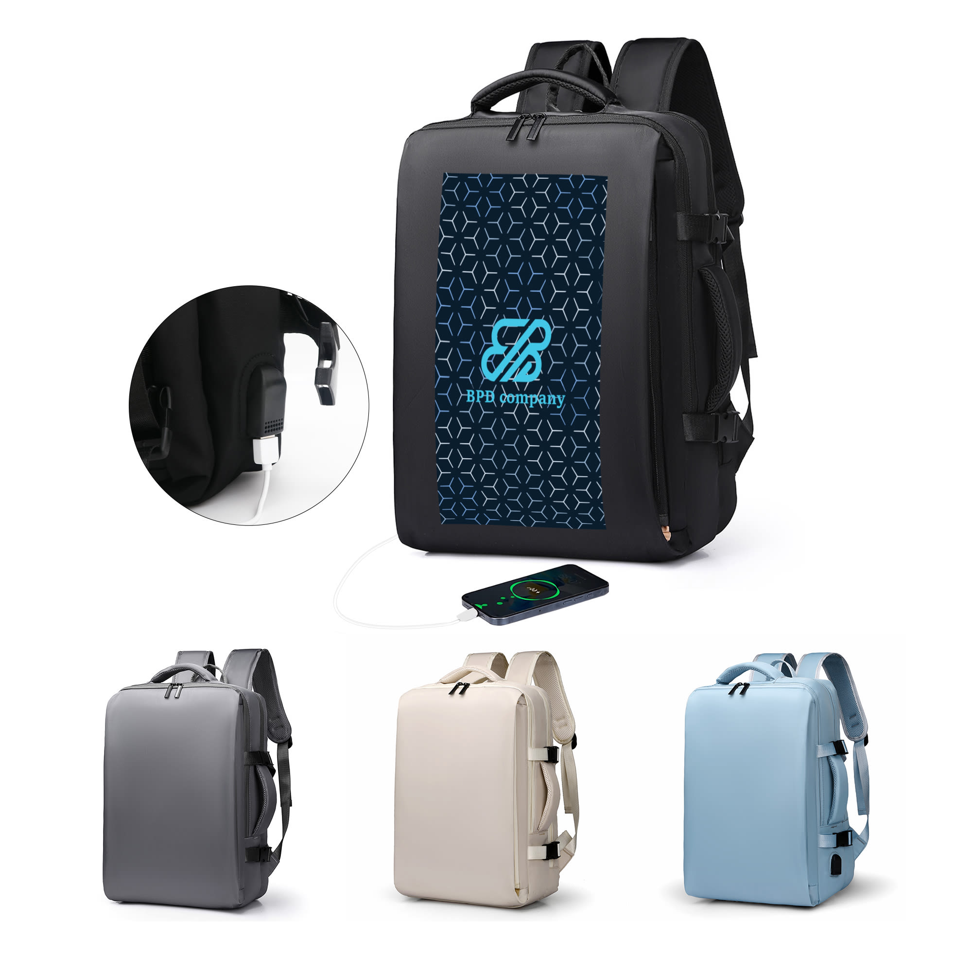 A carry-on travel backpack in black with a logo, featuring a USB port, shown alongside grey, cream, and blue versions. Carry-on Travel Backpack - Image 1