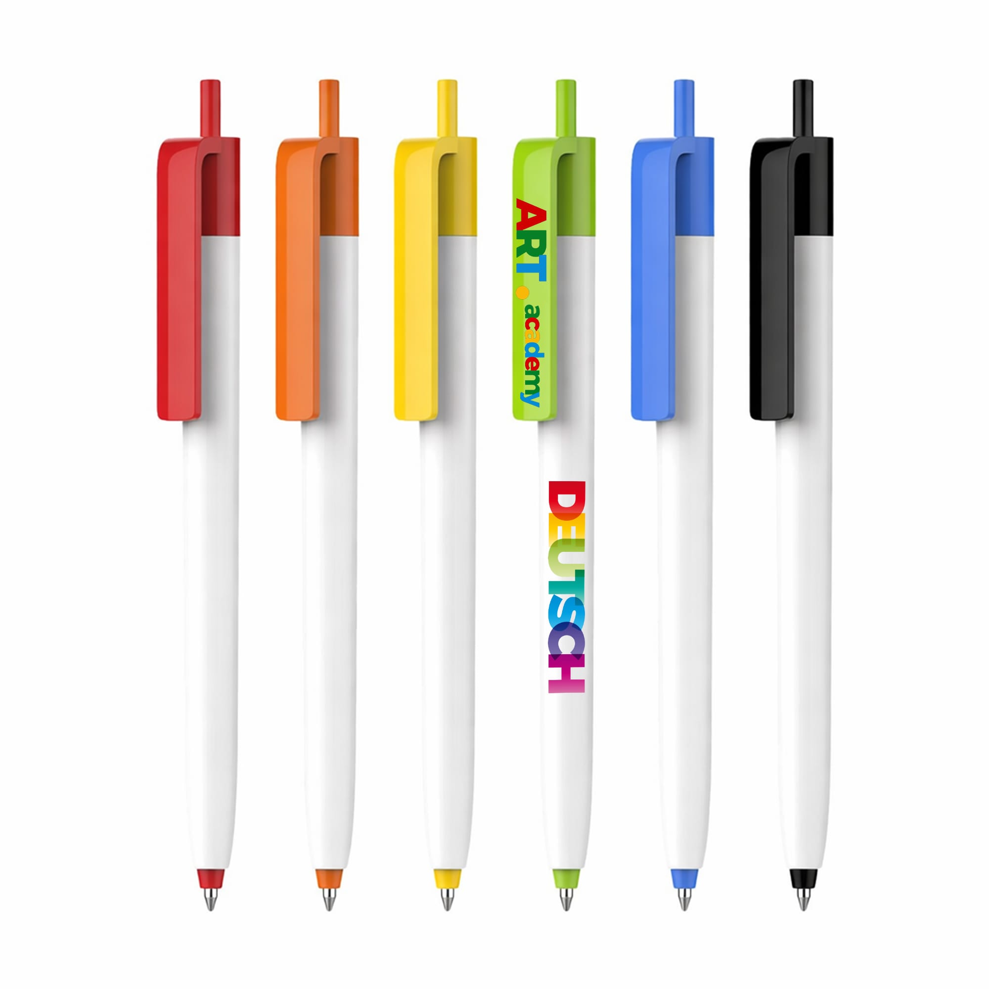 A collection of push button pens with creamy white barrels and coloured caps, including red, orange, yellow, blue, and black. Push Button Pen - Creamy White Barrel - Image 1