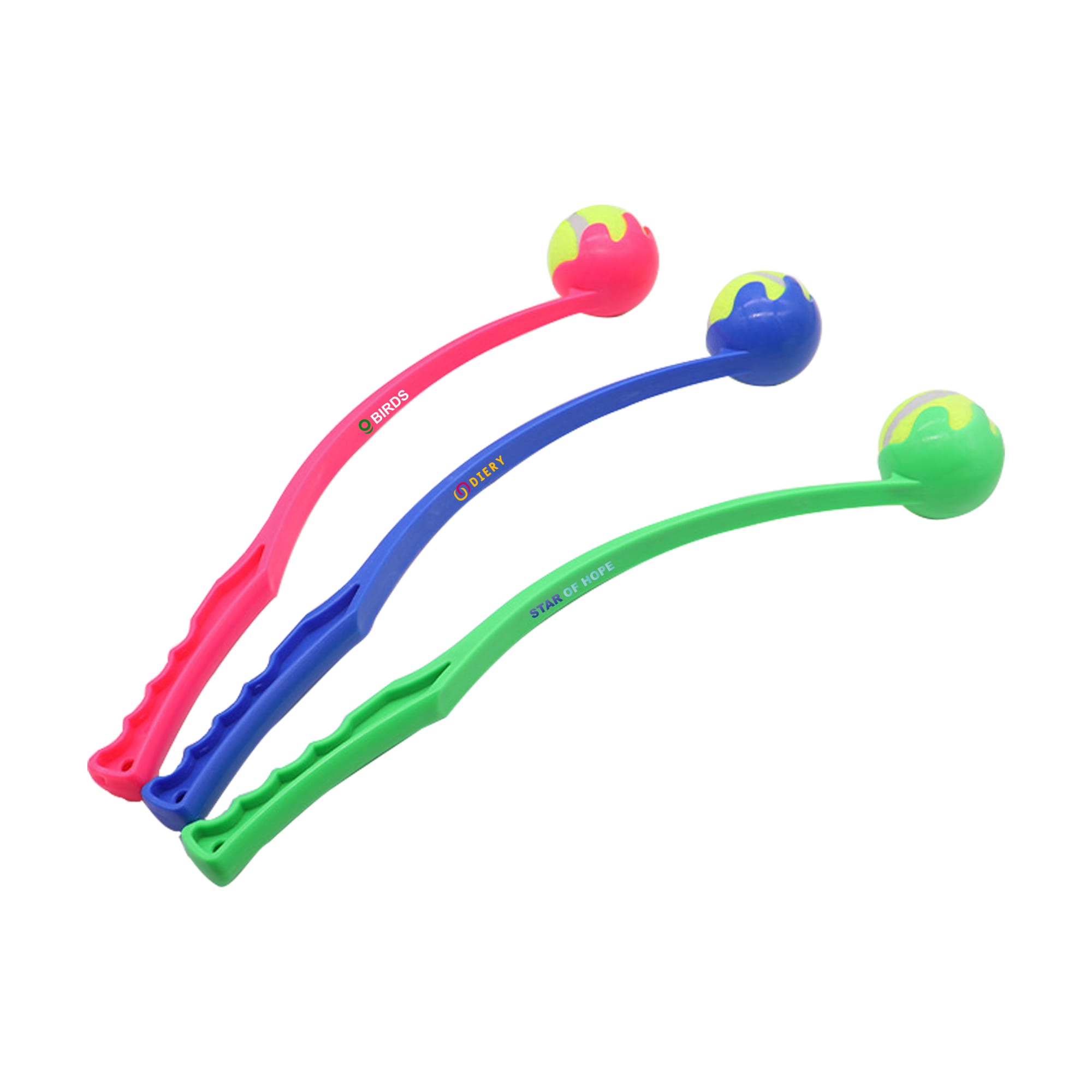 Three ball throwers in pink, blue, and green, each with a round ball at the end and a handle. The product includes branding. Ball Thrower - Image 1