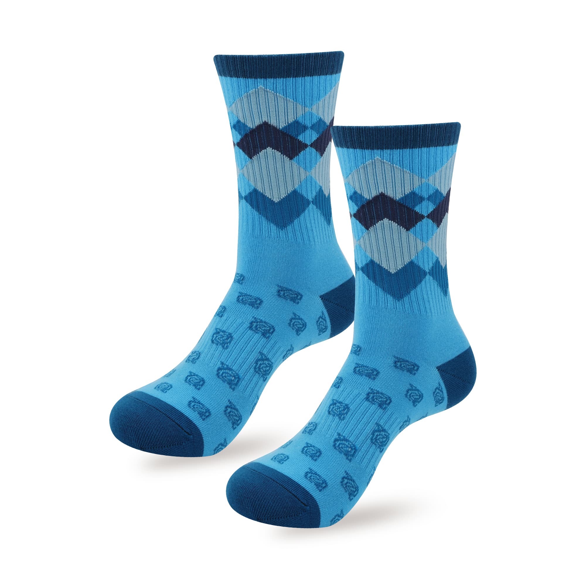 Crew woven work socks in shades of blue with a diamond pattern and a solid dark blue cuff and toe. Features a logo. Crew Woven Work Socks - Image 1