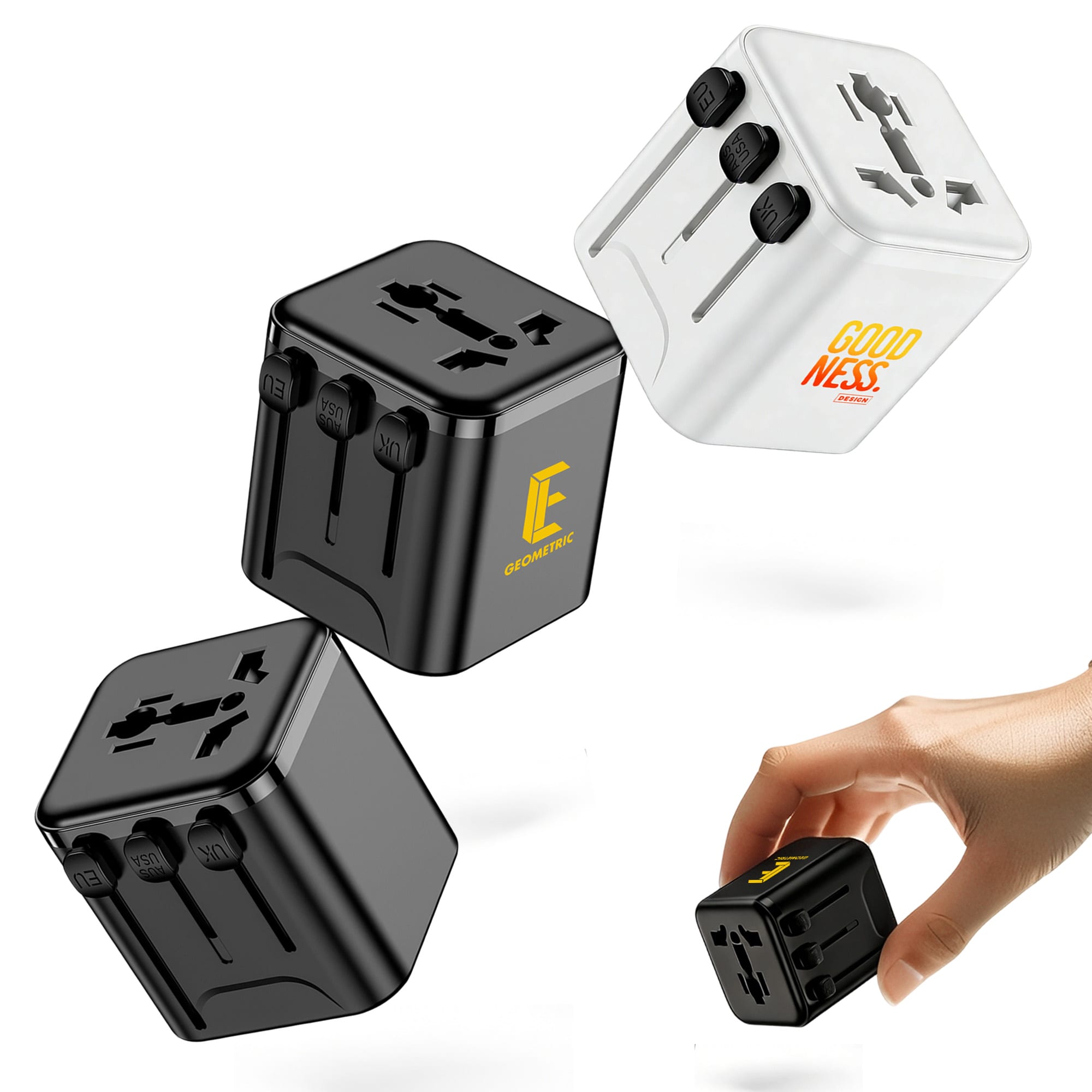 Three travel adapters in black and white, featuring multiple international plug options and a logo on the surface. Mini Universal Travel Adapter (No USB Port) - Image 1