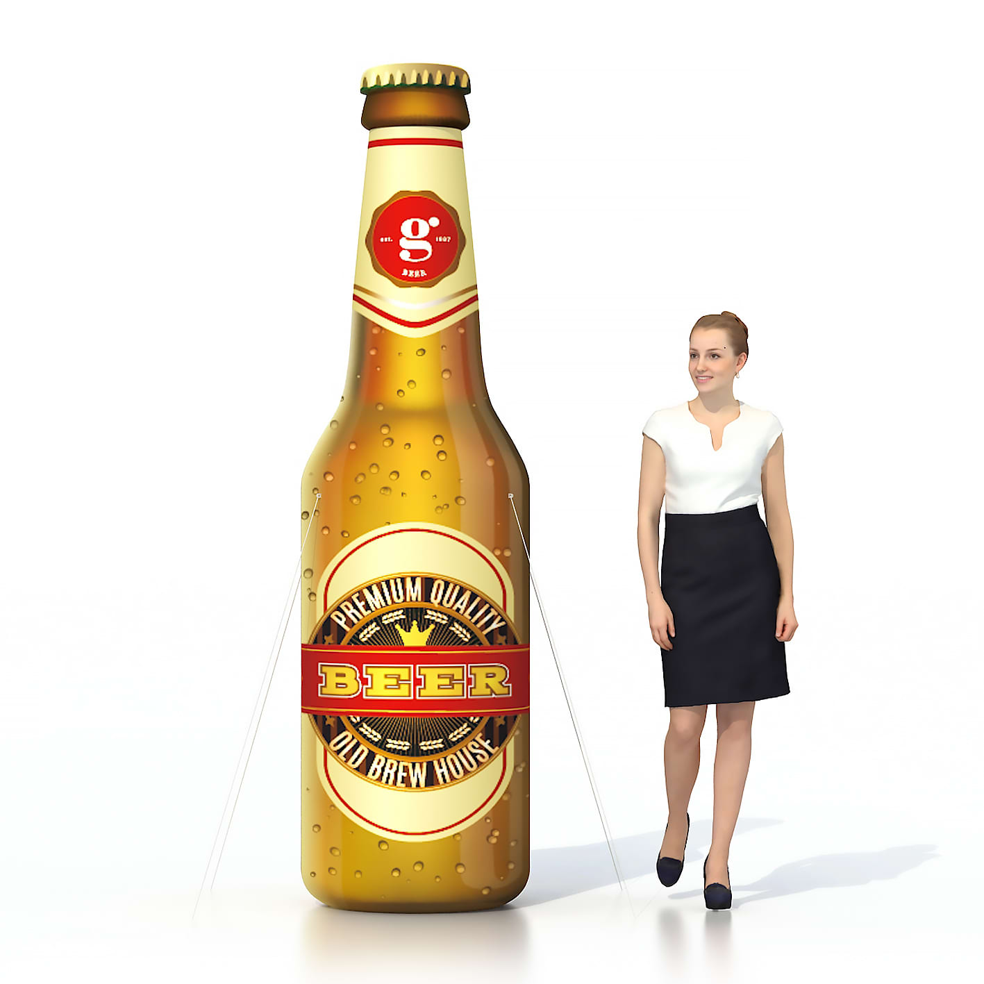 An inflatable beer bottle in brown with a label and a woman in a black skirt and white top beside it. Inflatable Beer Bottle - Image 1